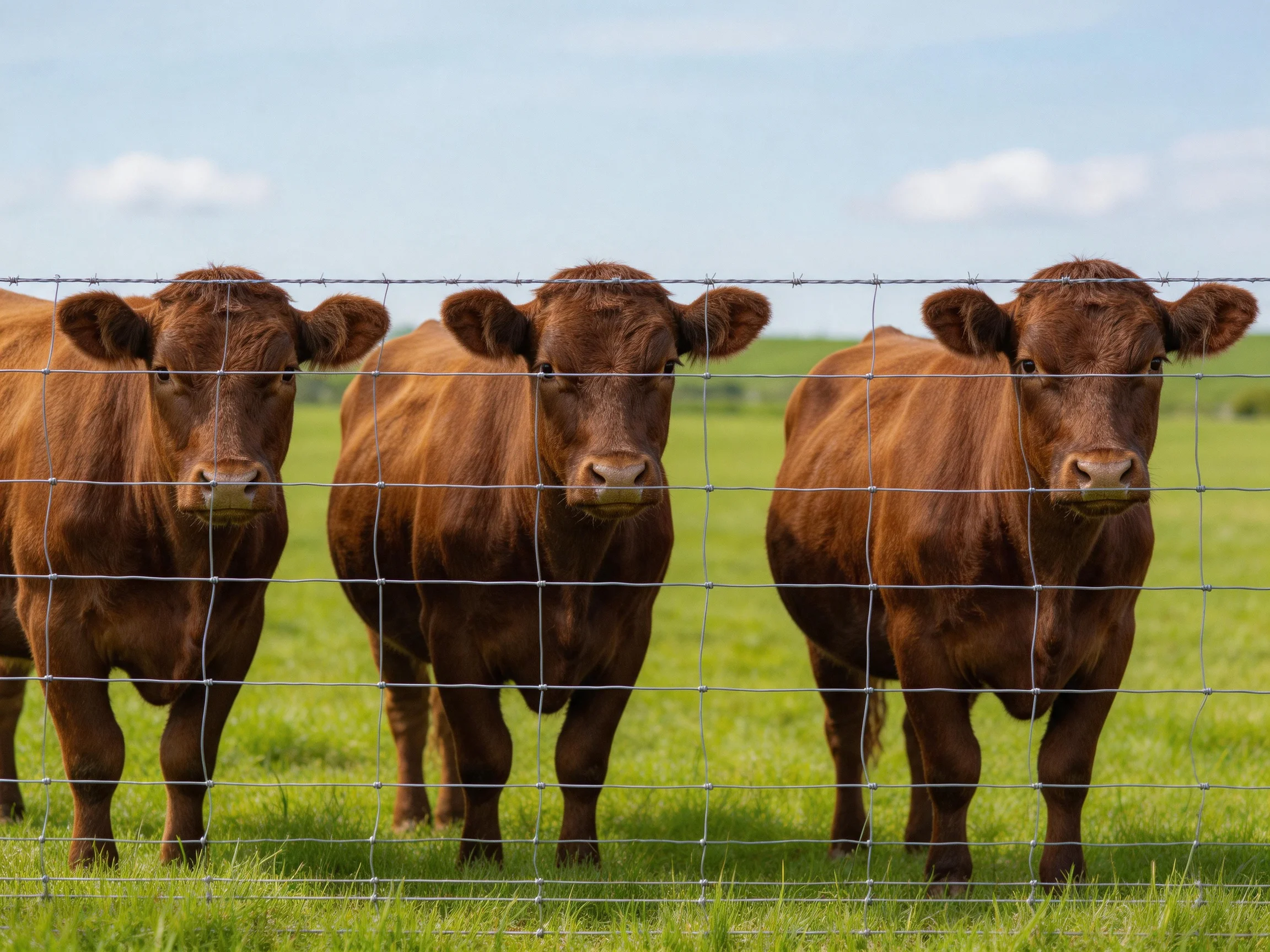 Three brown cows behind a wire fence in a green pasture
