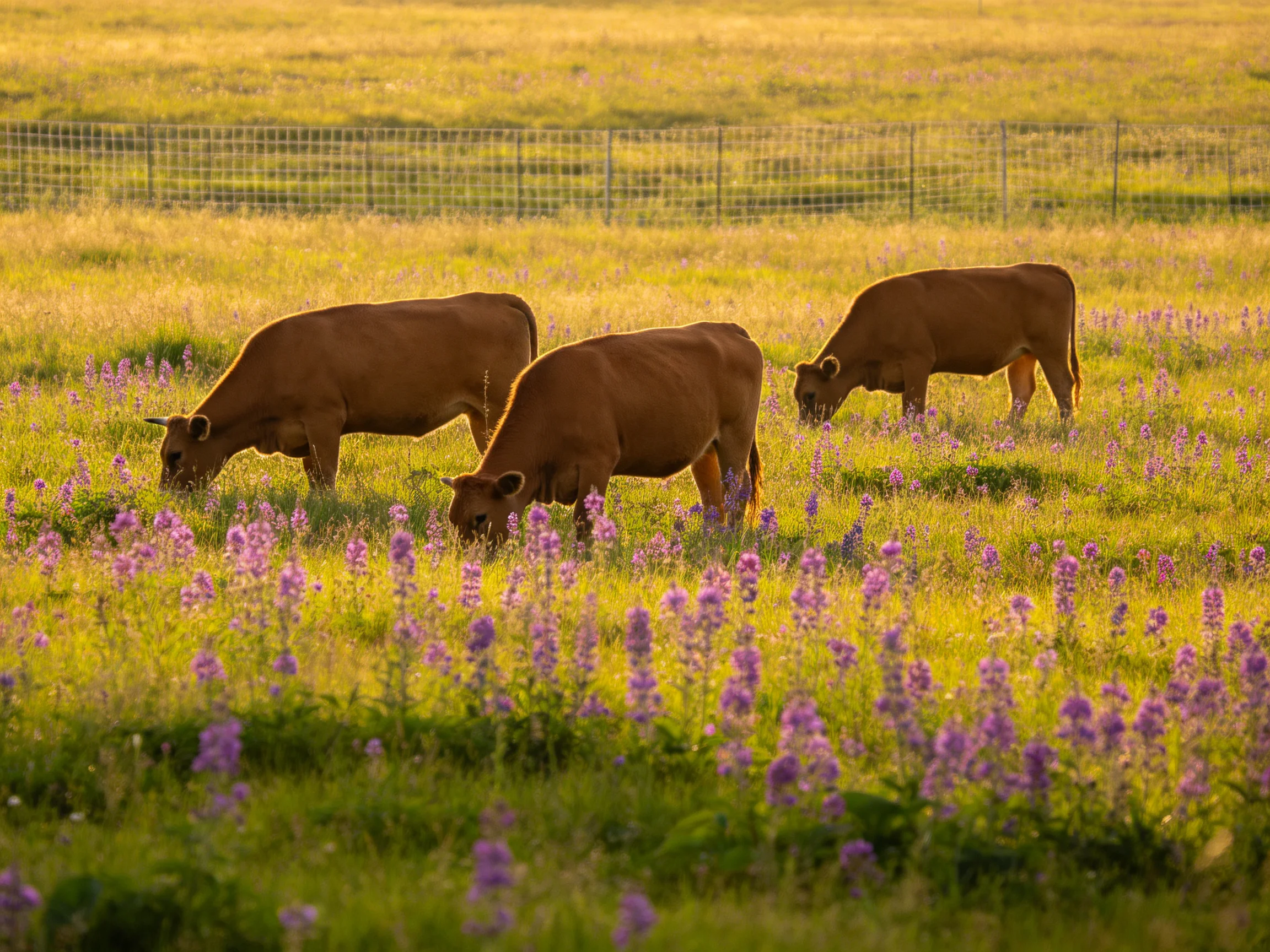 Three brown cows graze amid purple wildflowers in a sunlit field