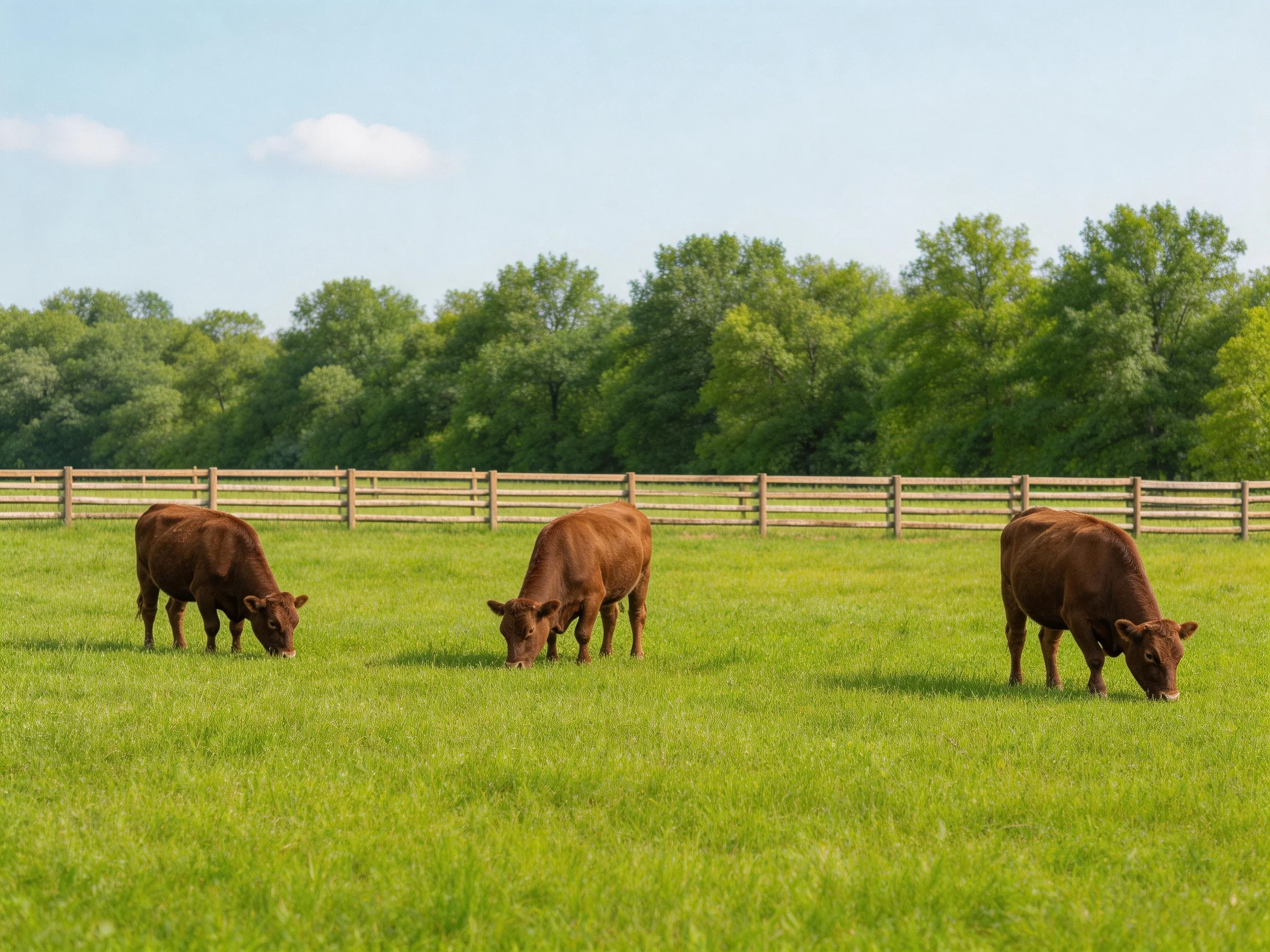 Three brown cows graze in a sunny pasture with a wooden fence
