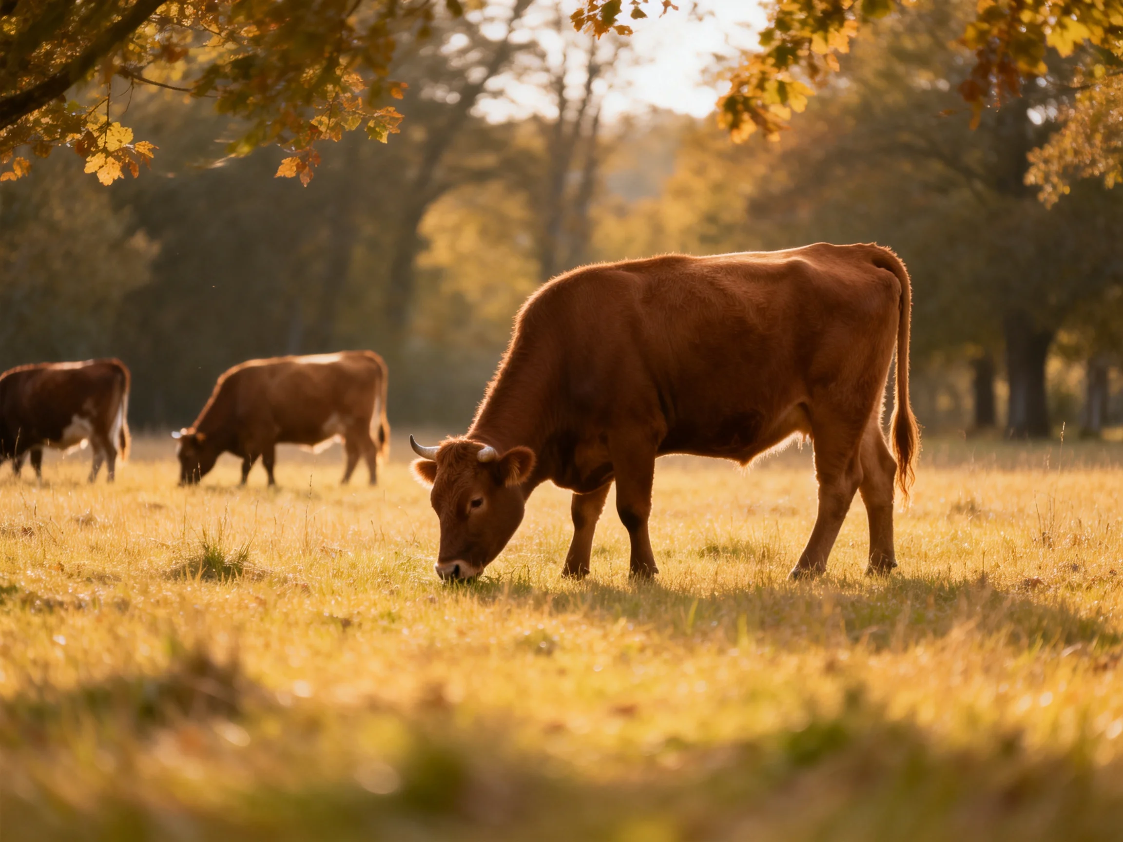 Three brown cows graze in a sunlit autumn field.