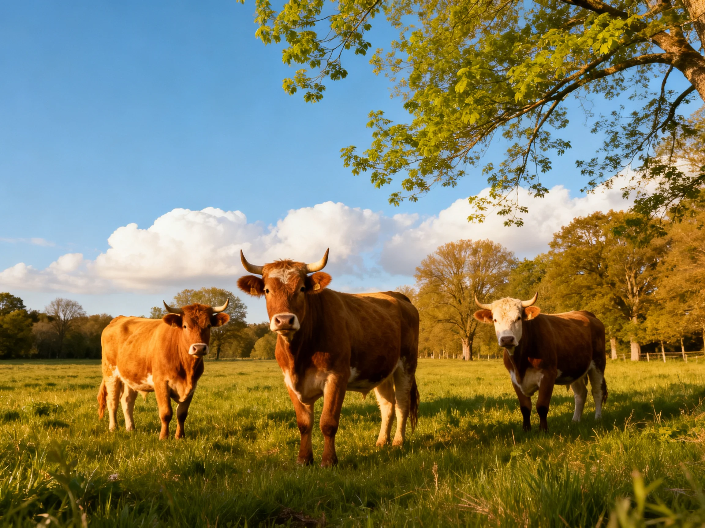 Three brown cows graze in a sunlit green meadow near trees