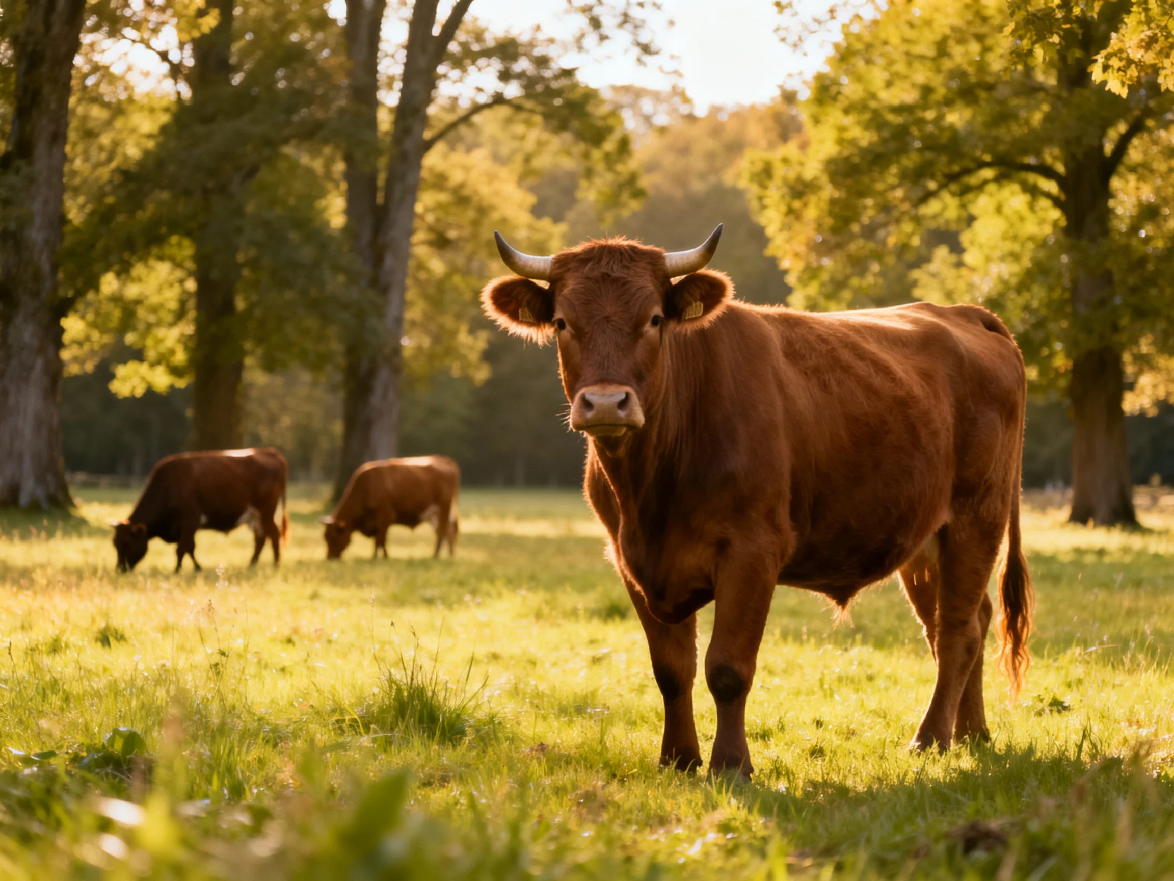 Three brown cows graze in a sunlit green meadow with tall trees