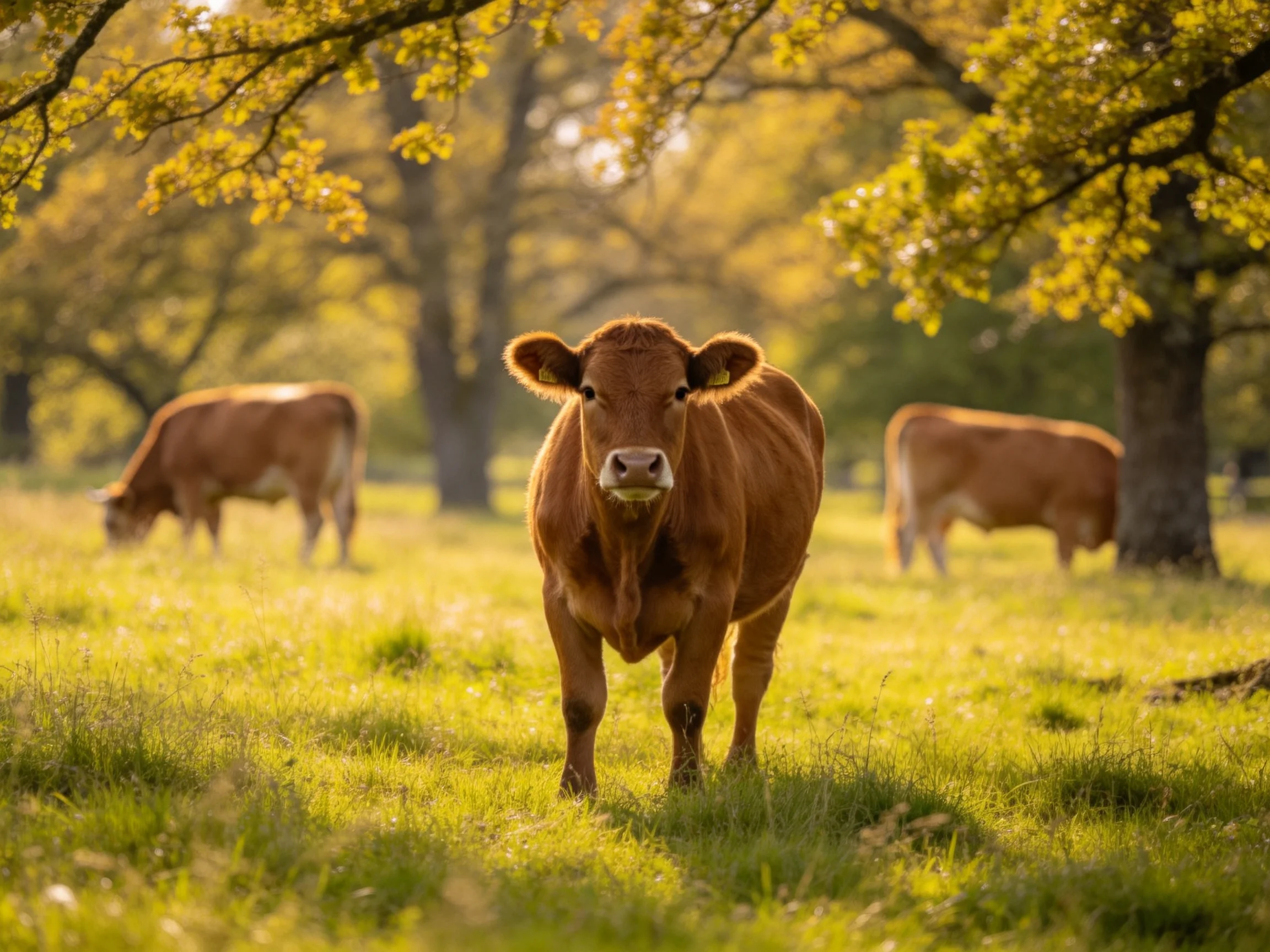 Three brown cows graze in a sunlit green meadow with tall trees