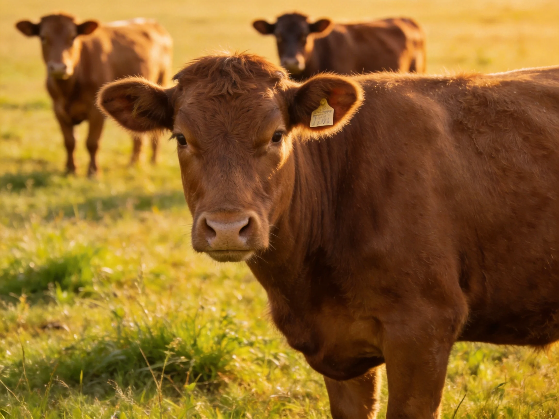 Three brown cows graze in a sunlit green pasture