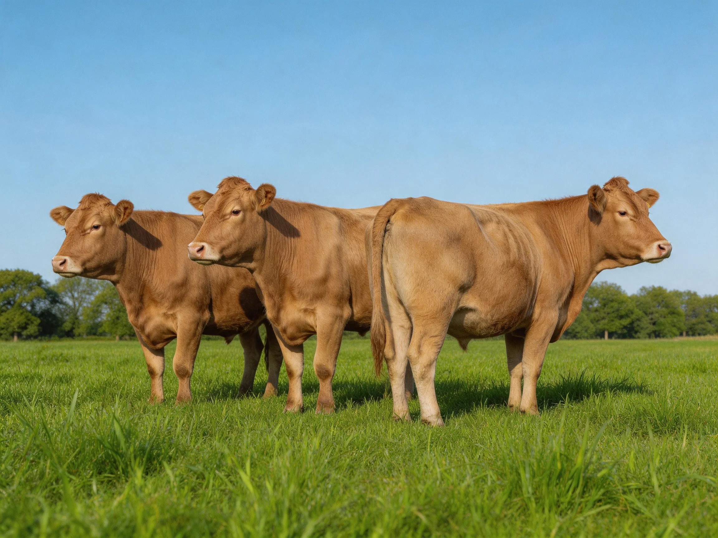 Three brown cows graze in a vibrant green meadow beneath a clear blue sky