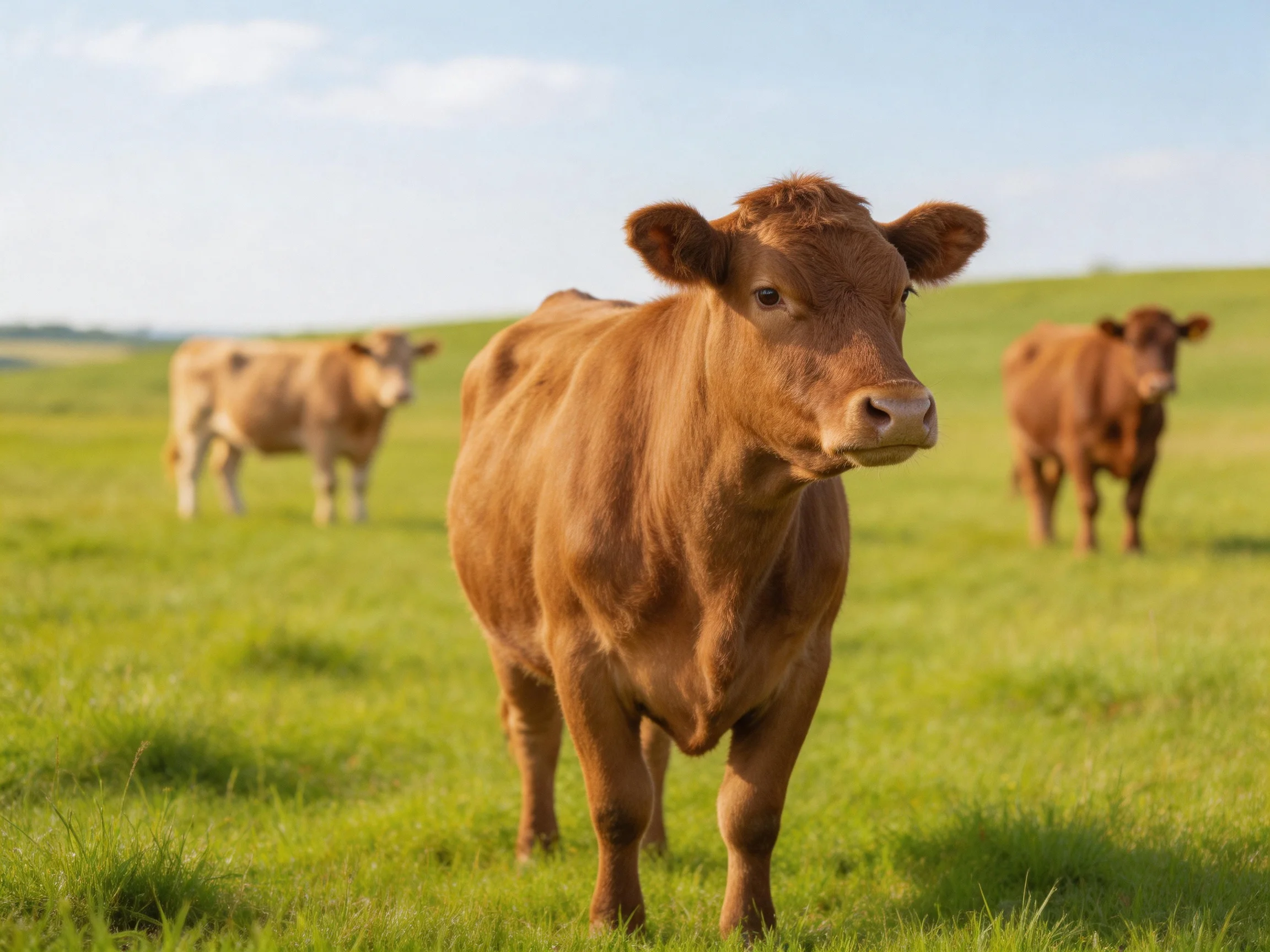 Three brown cows graze in a vibrant green pasture