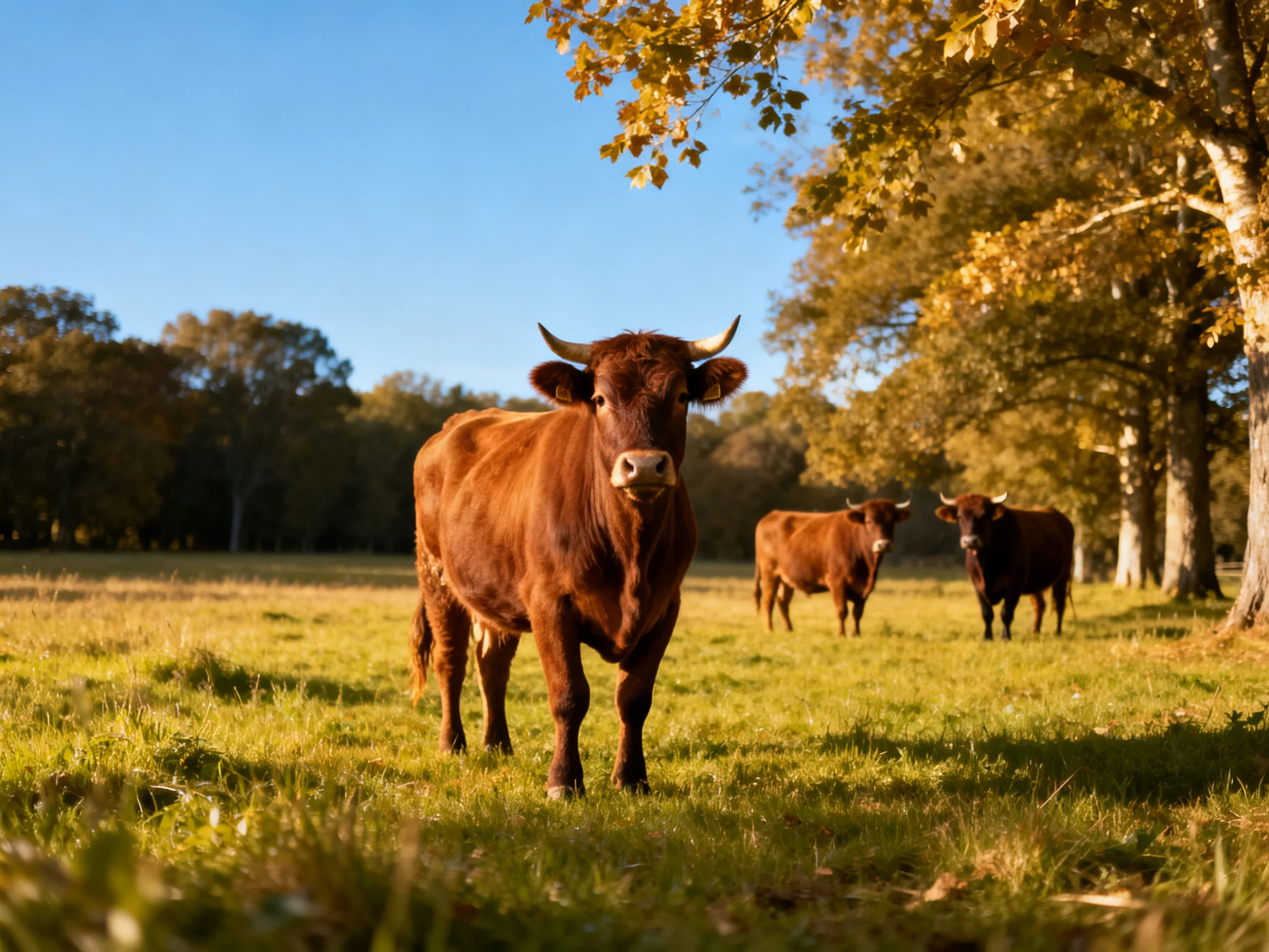 Three brown cows in a sunlit grassy meadow with golden trees