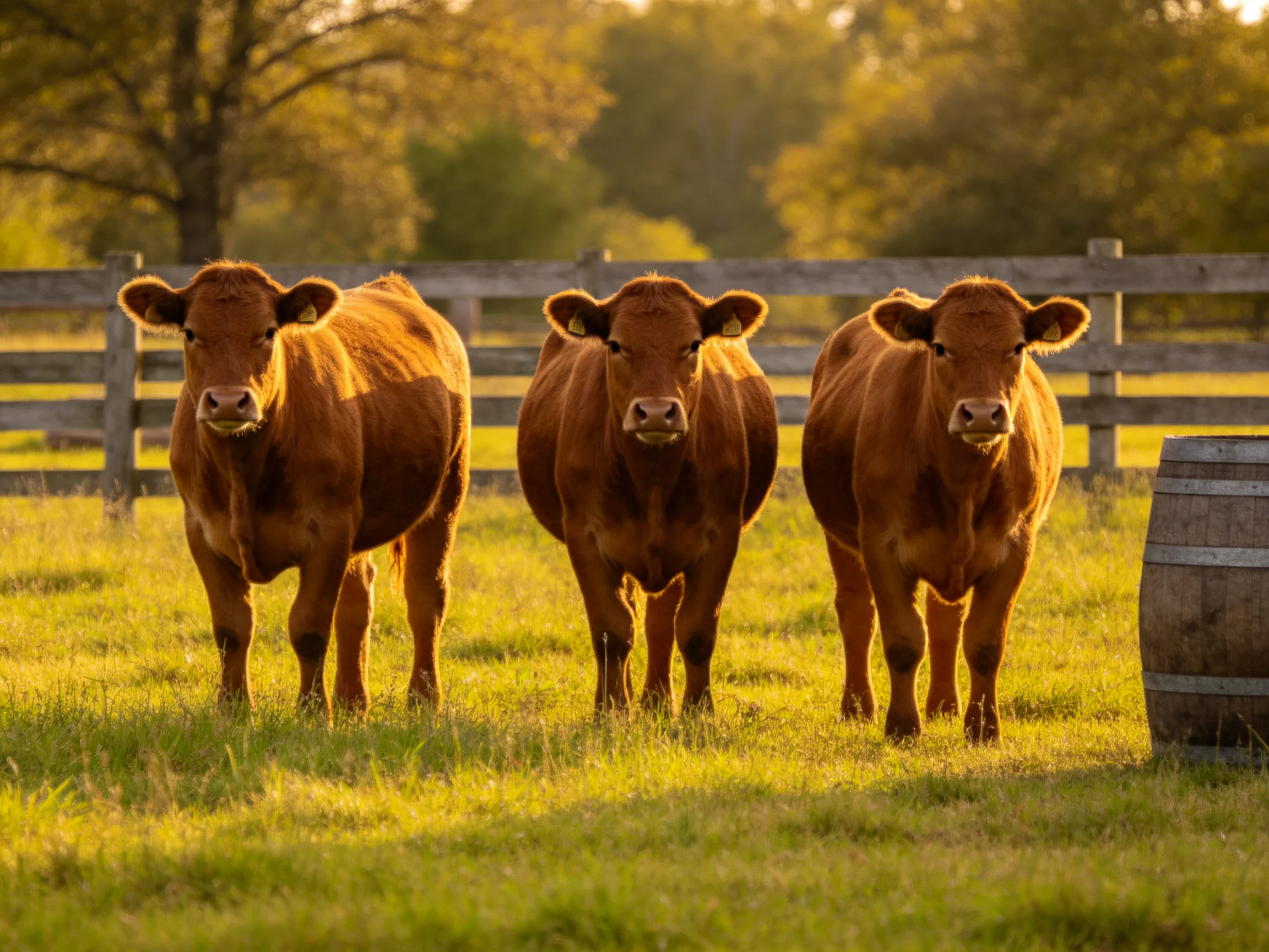 Three brown cows stand together in a sunlit pasture near a wooden fence