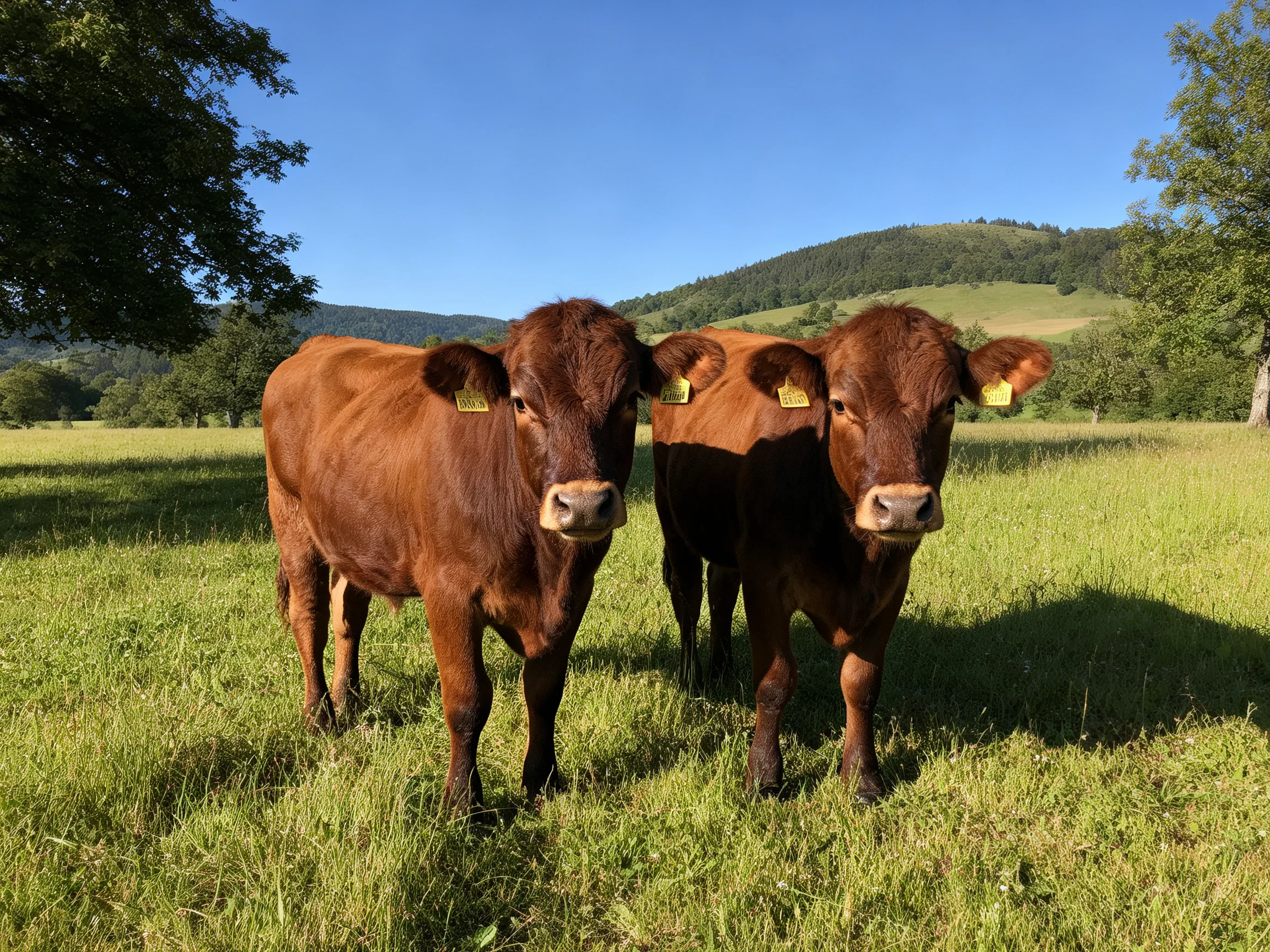 Three brown cows gather in a sunlit green pasture near rolling hills