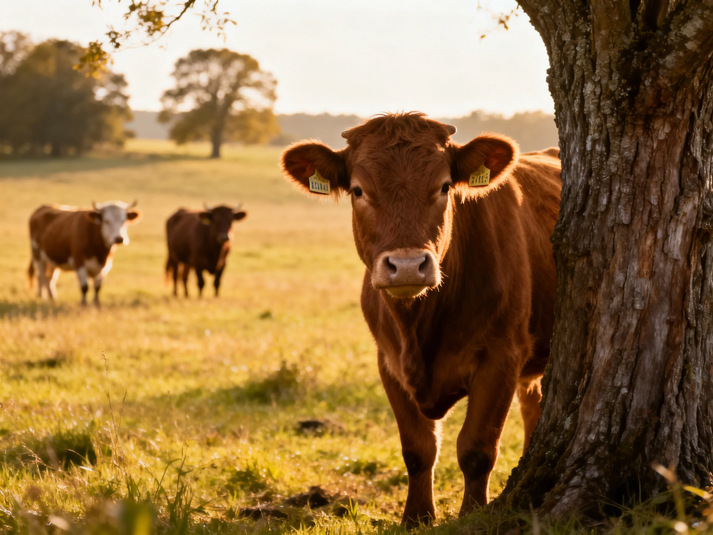 Three brown cows in a sunlit pasture near a large tree