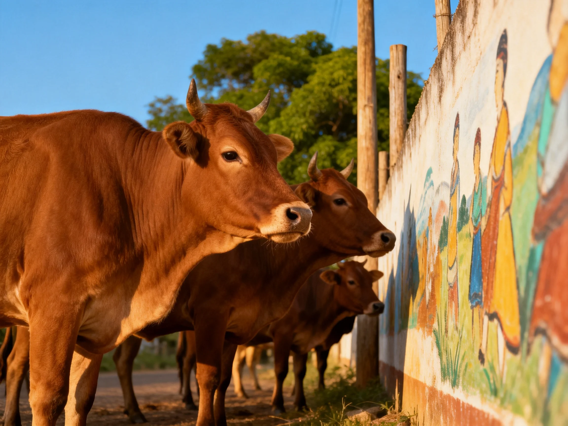 Three brown cows near a colorful mural on a sunny path