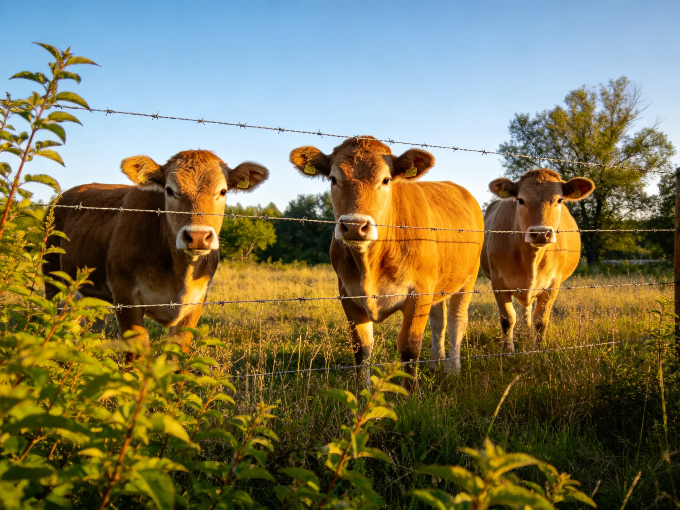 Three brown cows near barbed wire fence in sunlit pasture