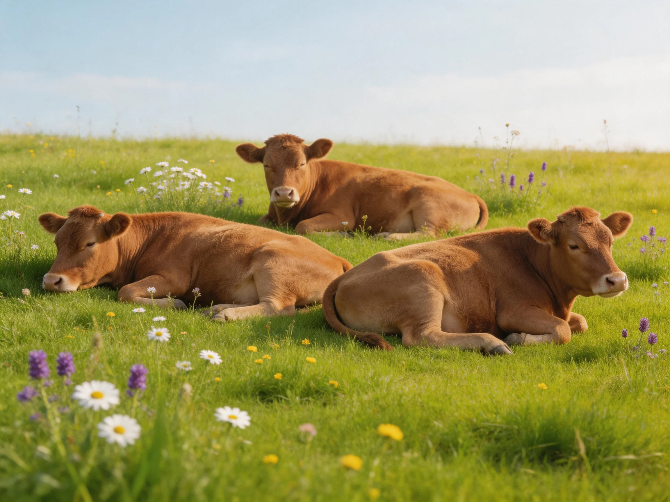 Three brown cows relax in a grassy meadow with wildflowers