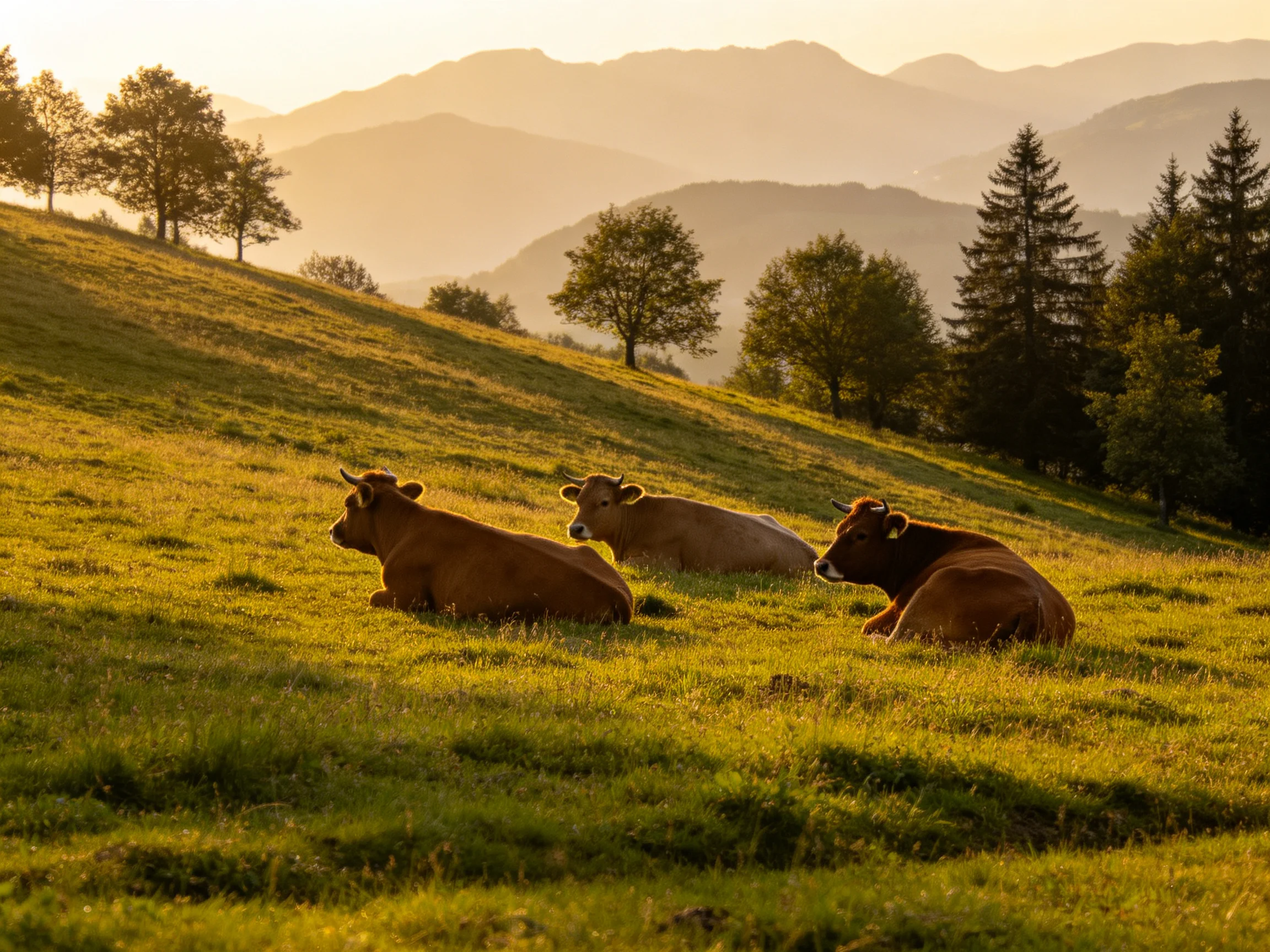Three cows relax on a grassy hillside during golden hour with mountain backdrop.