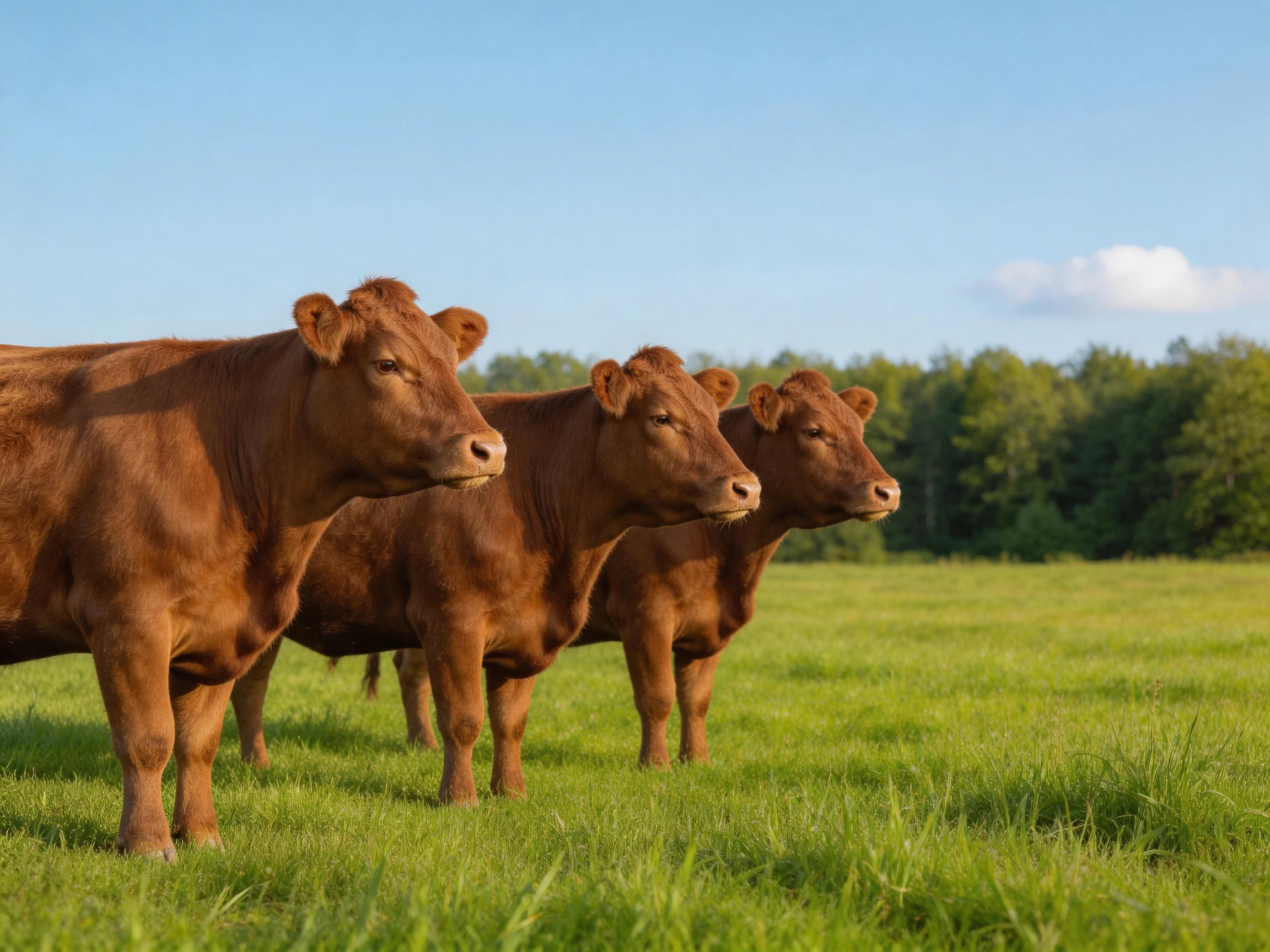 Three brown cows stand together in a sunlit green pasture.