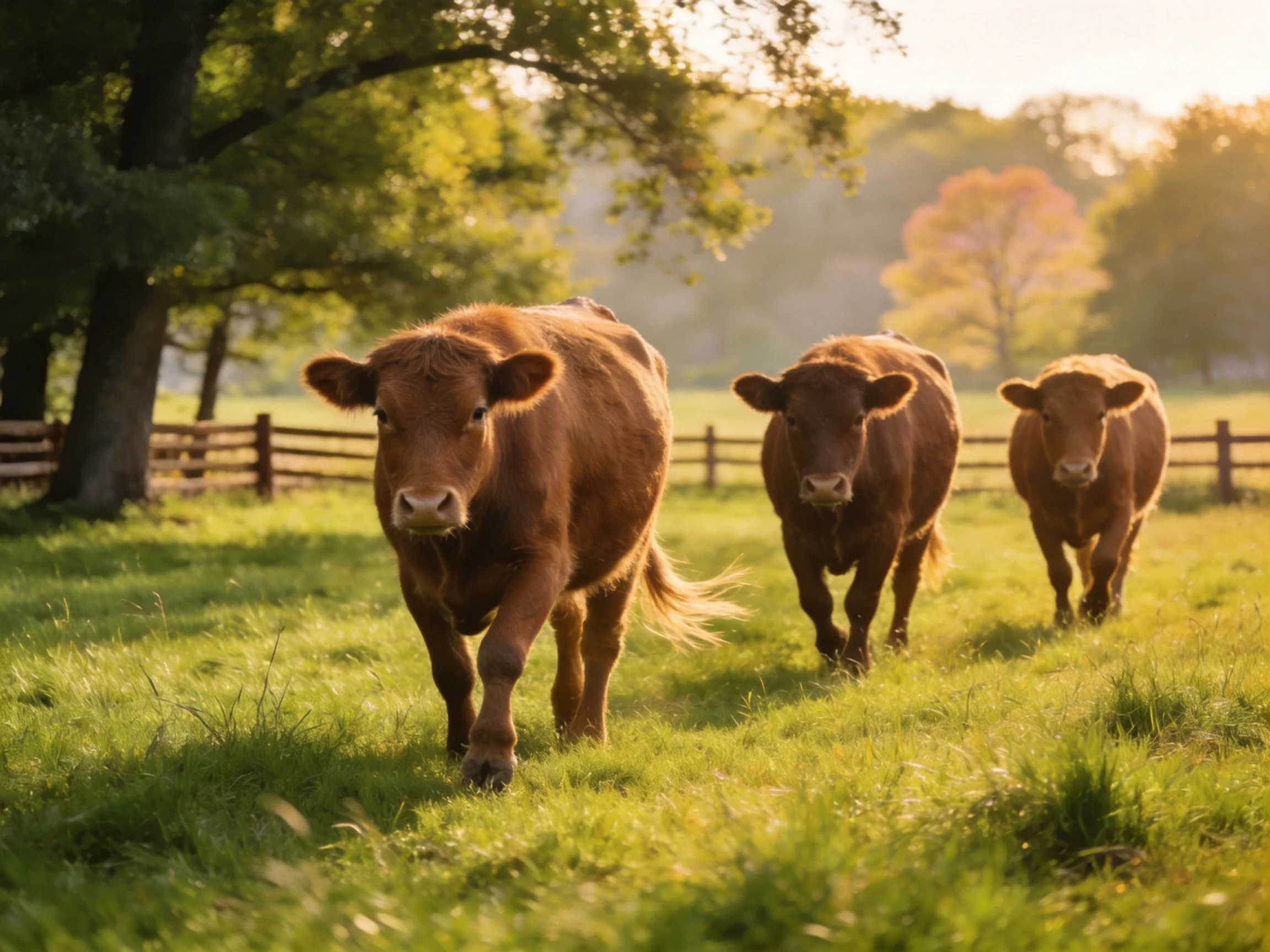 Three brown cows traverse a sunlit green pasture with wooden fences