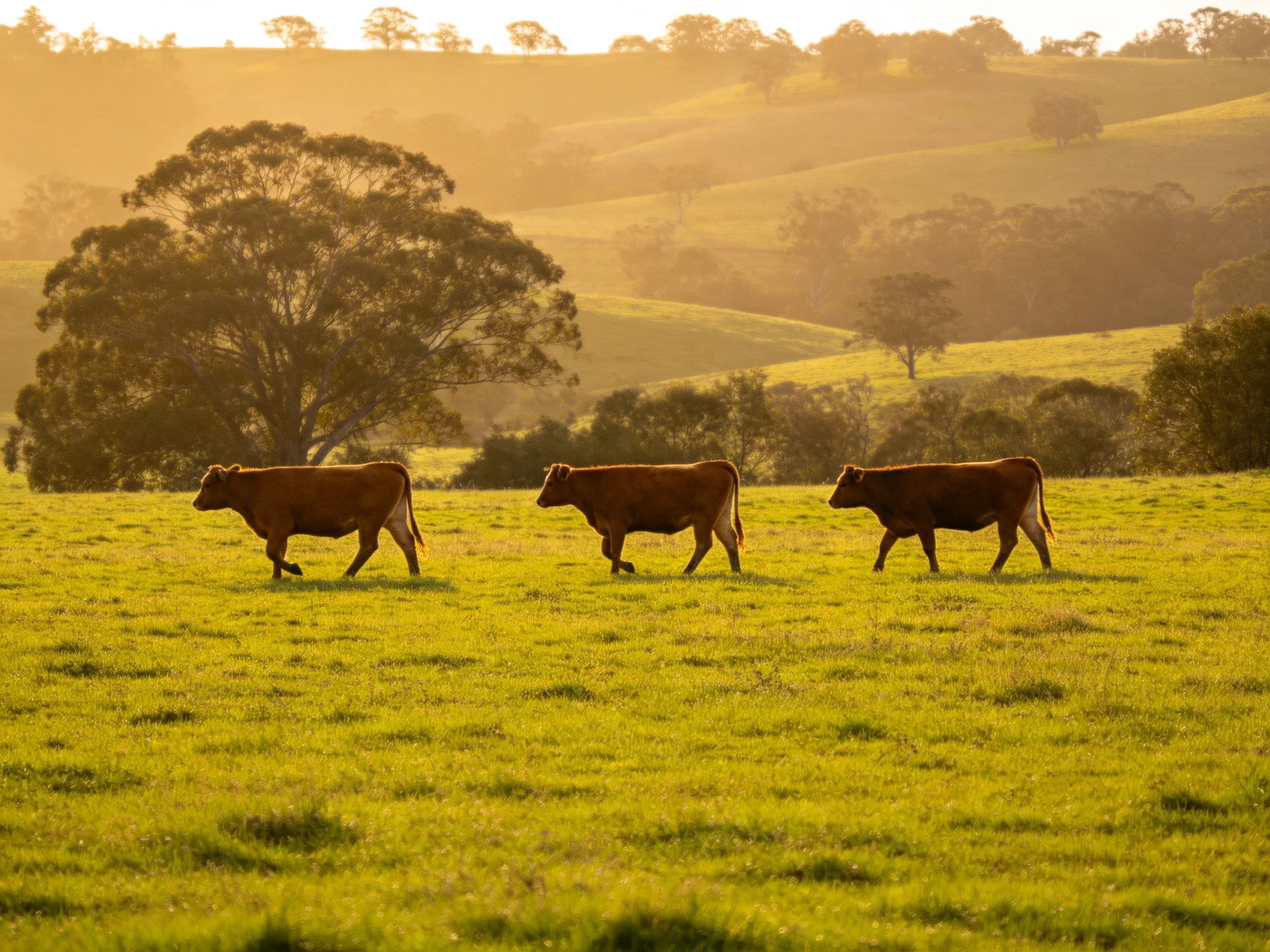 Three brown cows walk through a sunlit green pasture with rolling hills