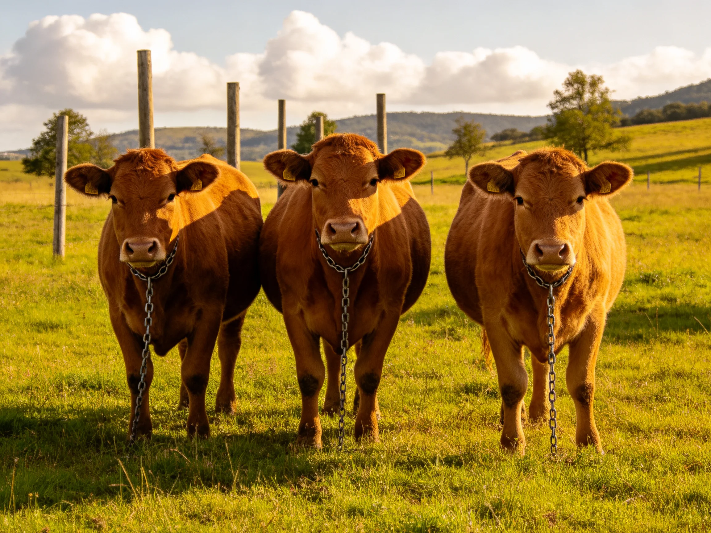 Three brown cows with metal chains in a sunlit green pasture