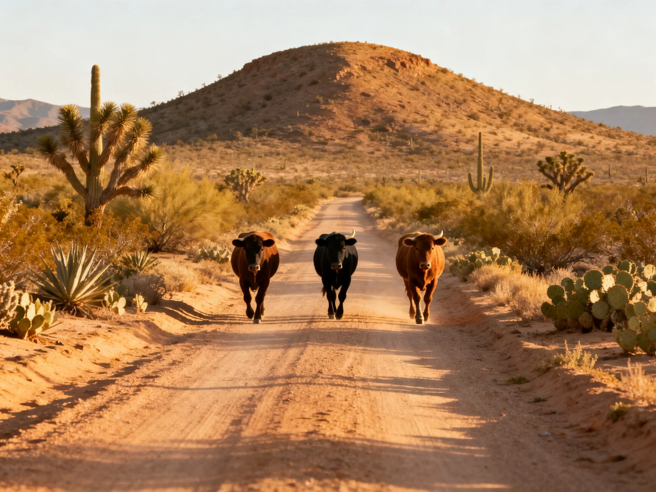 Three cattle traverse a dusty desert road near cacti and a brown hill