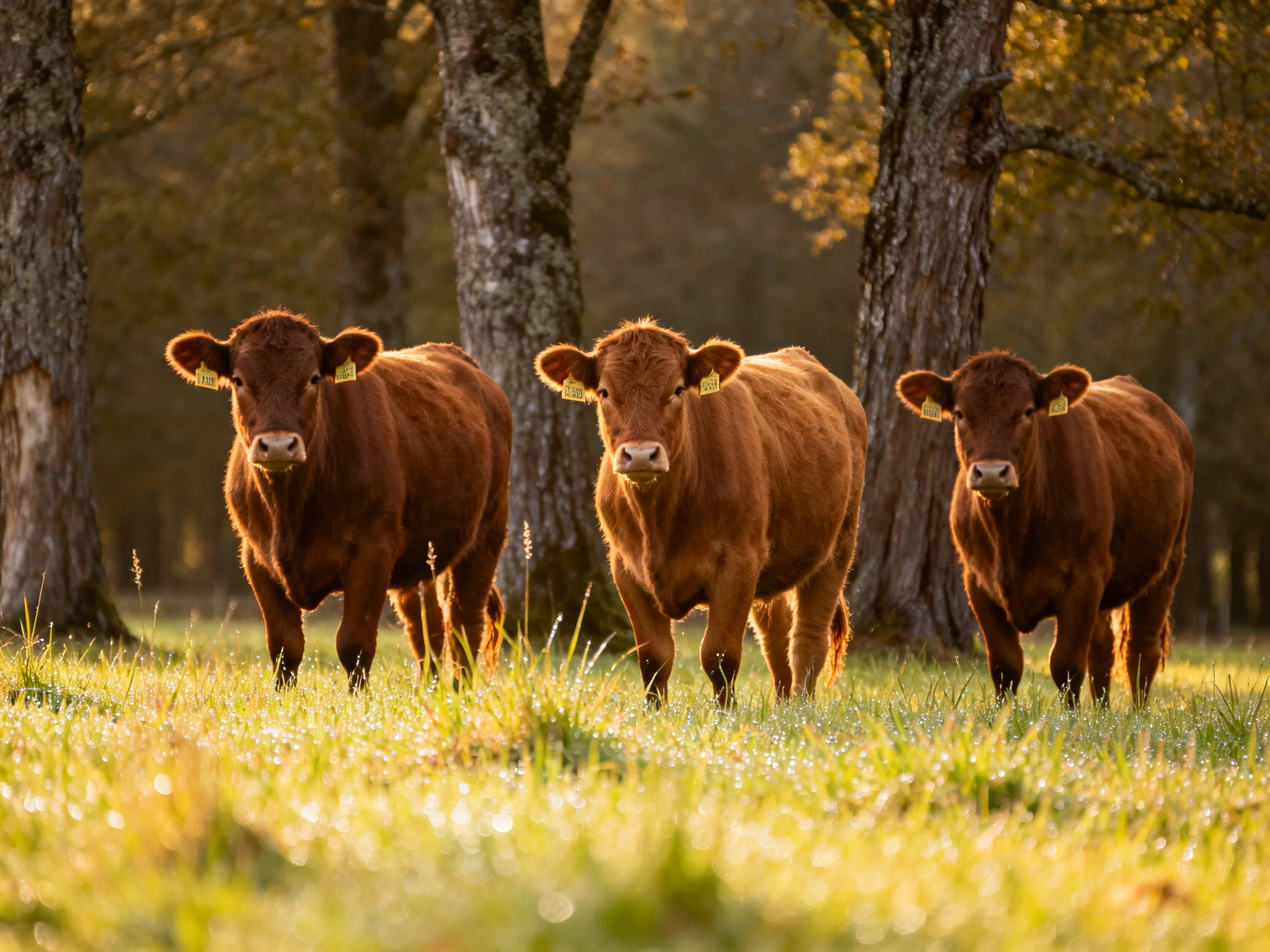Three chestnut calves in a sunlit meadow with tall trees