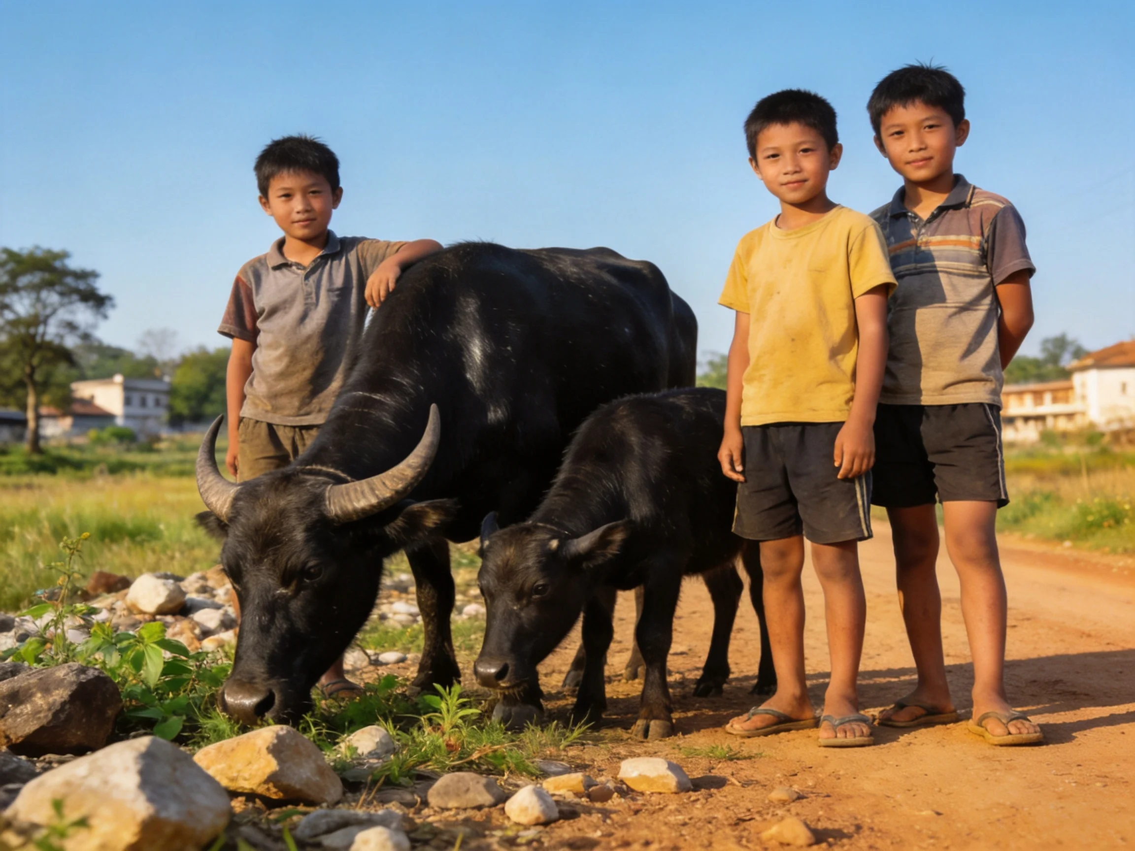 Three children beside two black water buffalo on a dirt road