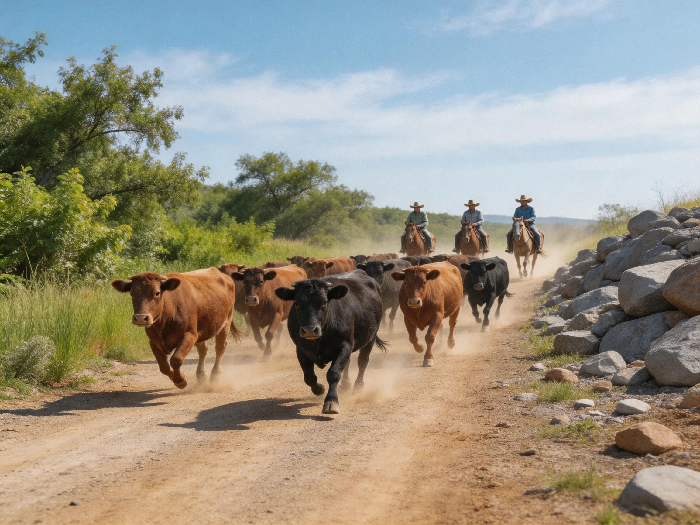 Three cowboys herding brown and black cattle on a dusty dirt road