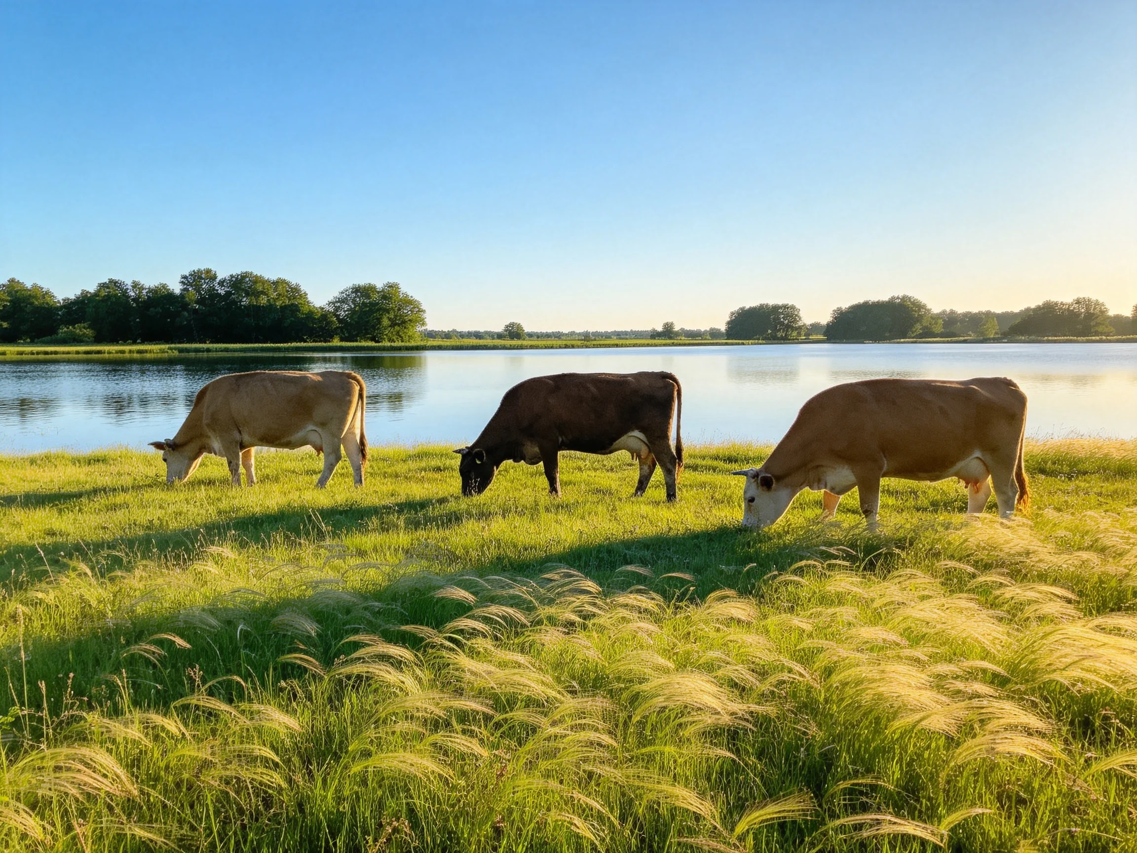Three cows graze by a calm lake with lush greenery