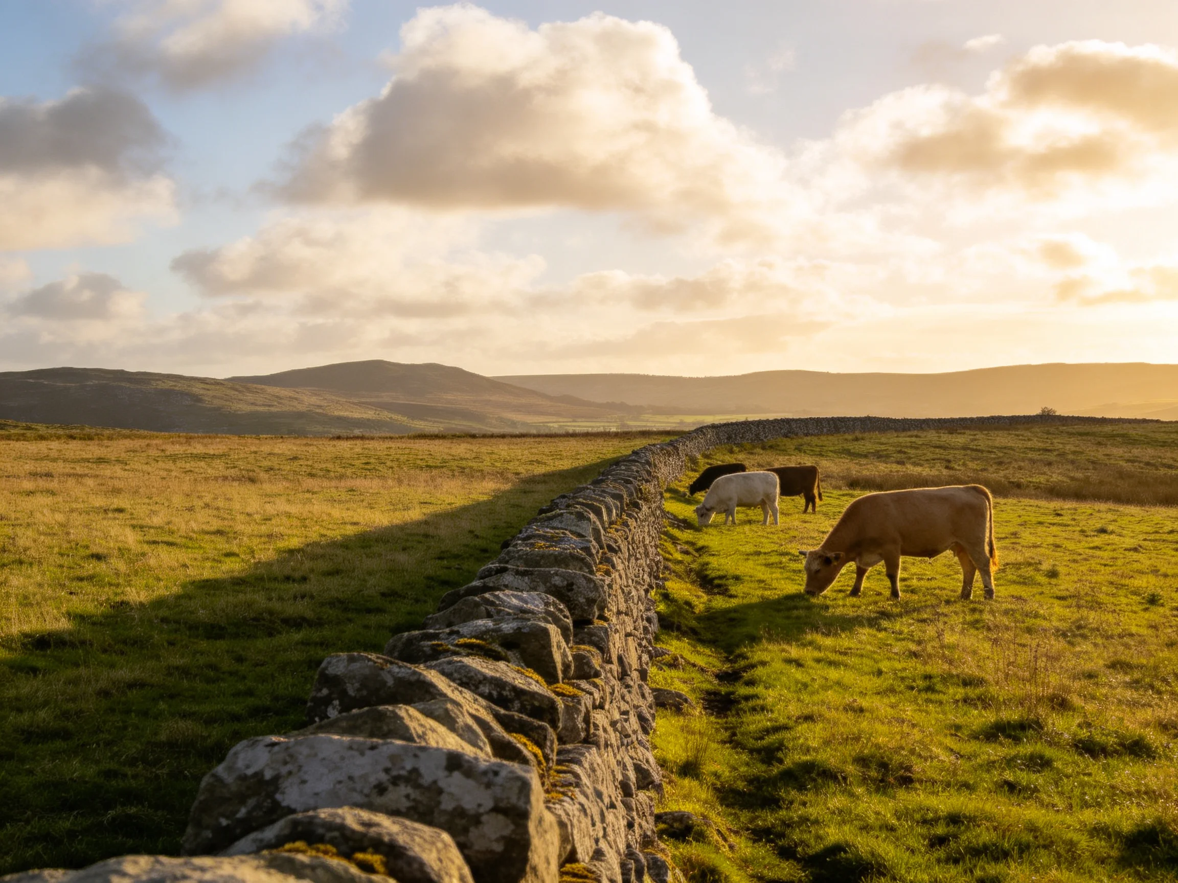 Three cows graze by a weathered stone wall in golden countryside