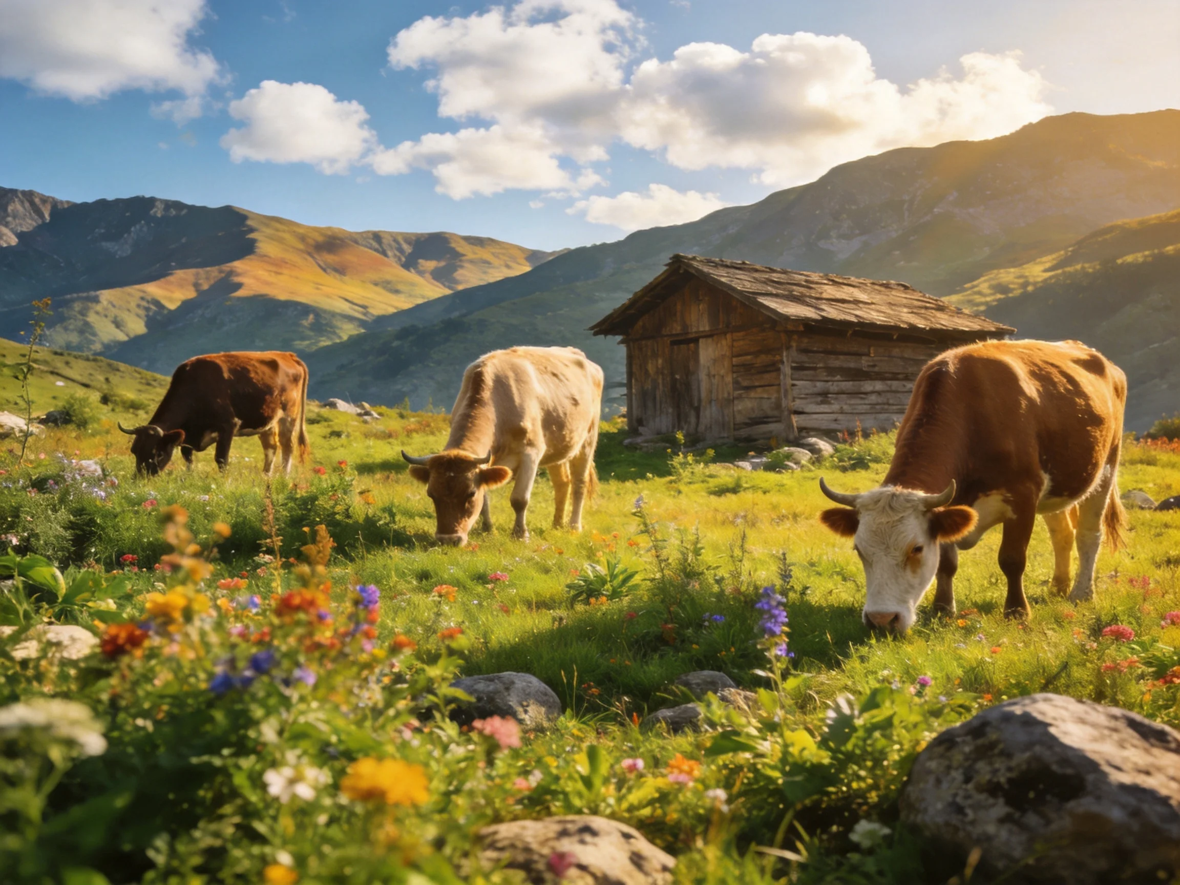 Three cows graze in a colorful mountain meadow near an old wooden cabin
