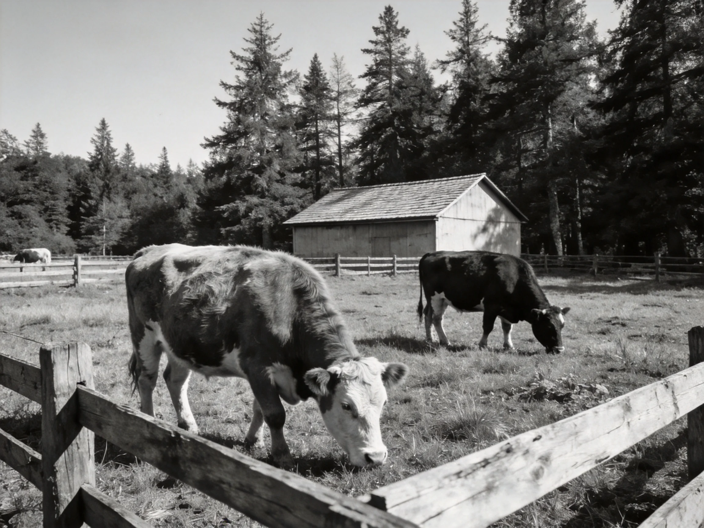 Three cows graze in a fenced pasture near a barn and pine trees