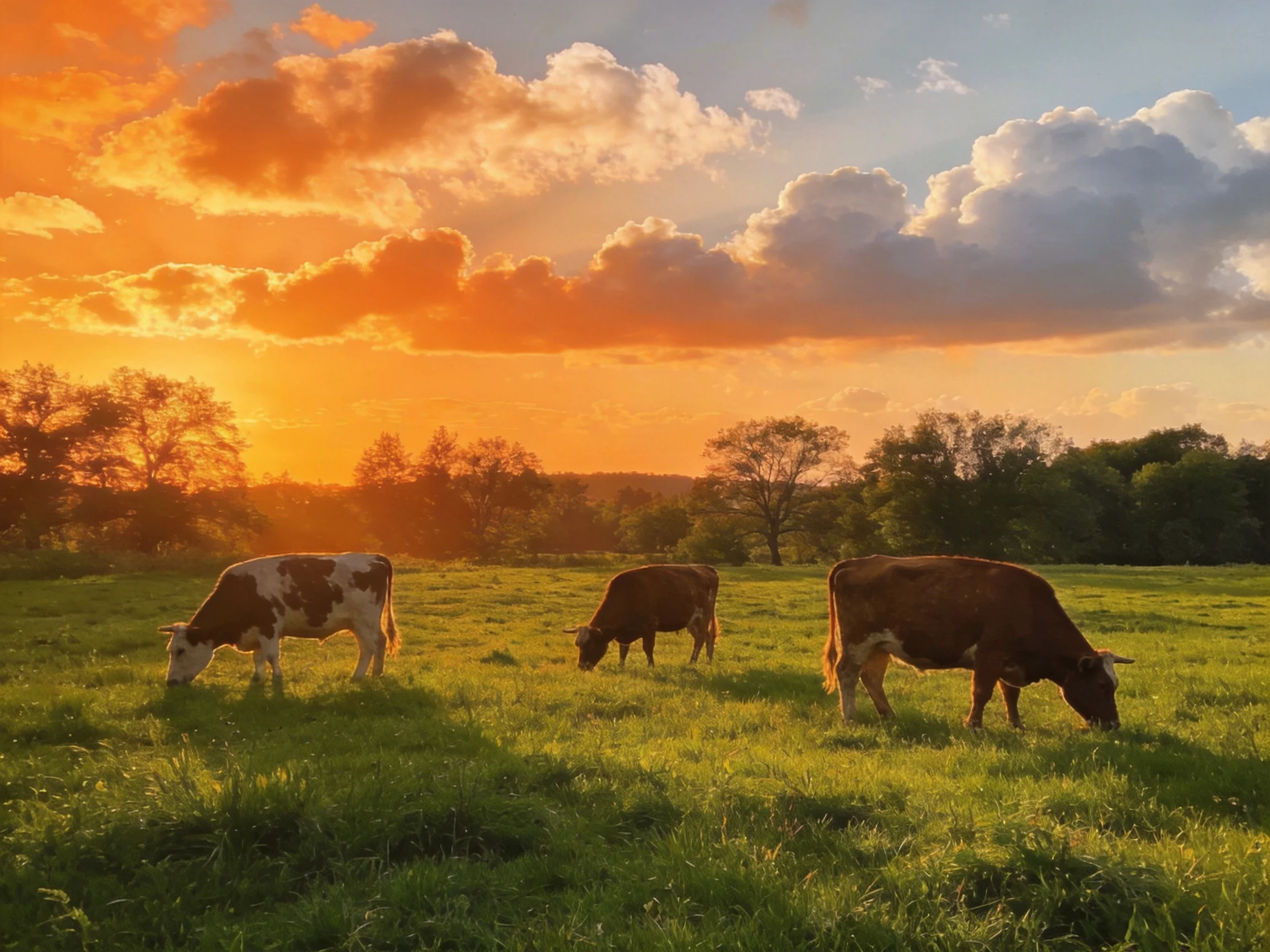 Three cows graze in a lush green field under vibrant orange sunset skies