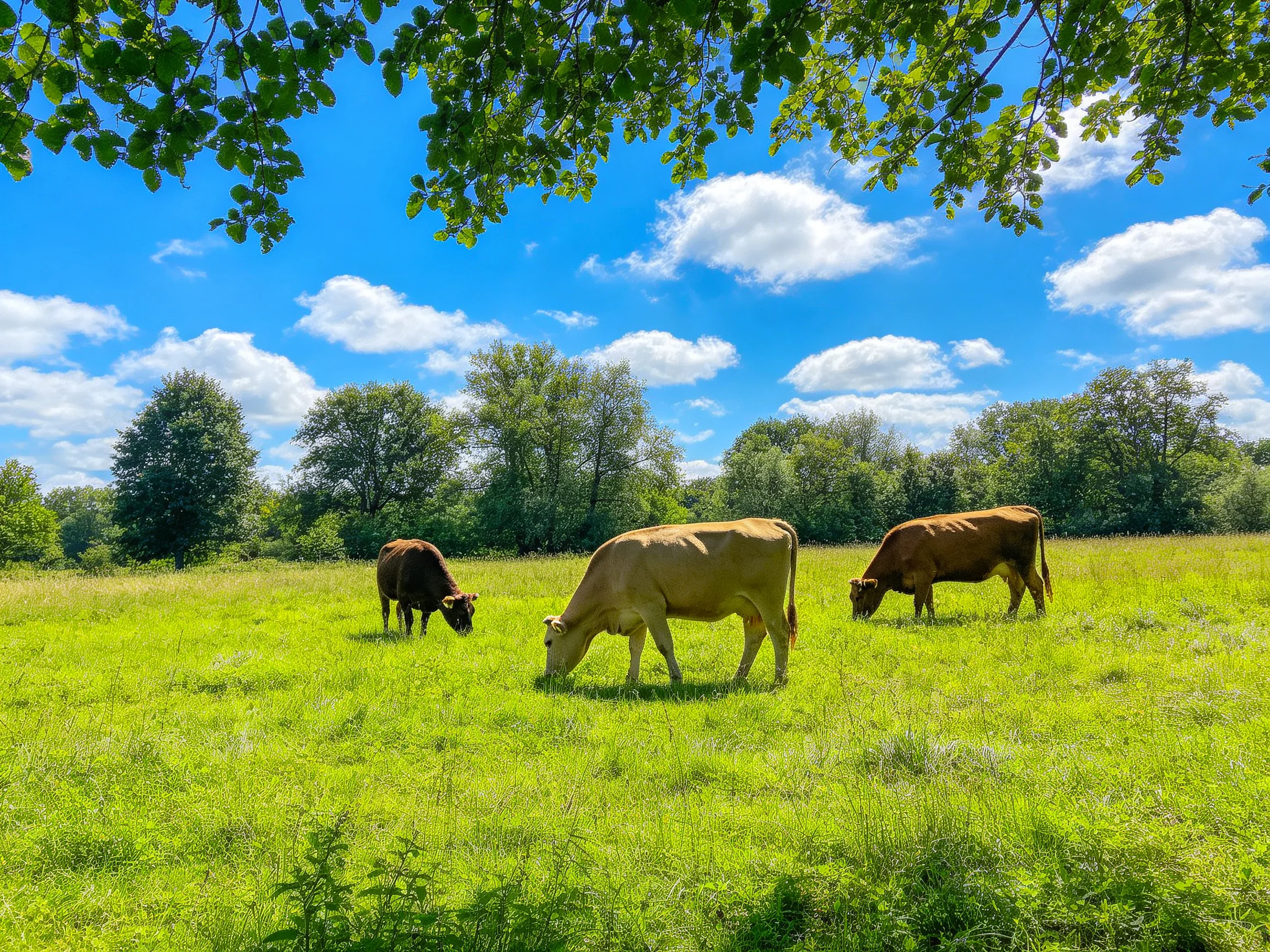Three cows graze in a lush green meadow beneath bright blue skies