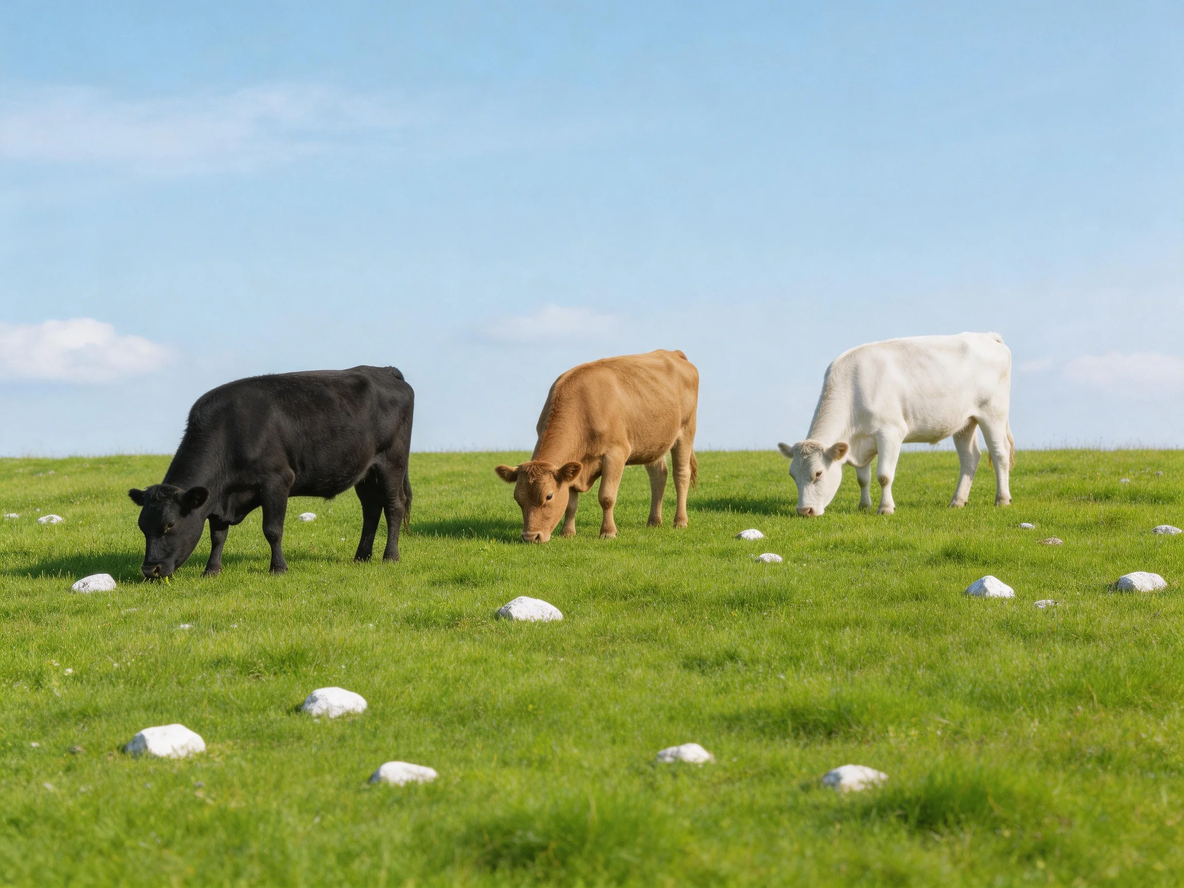 Three cows graze in a grassy field with scattered rocks.
