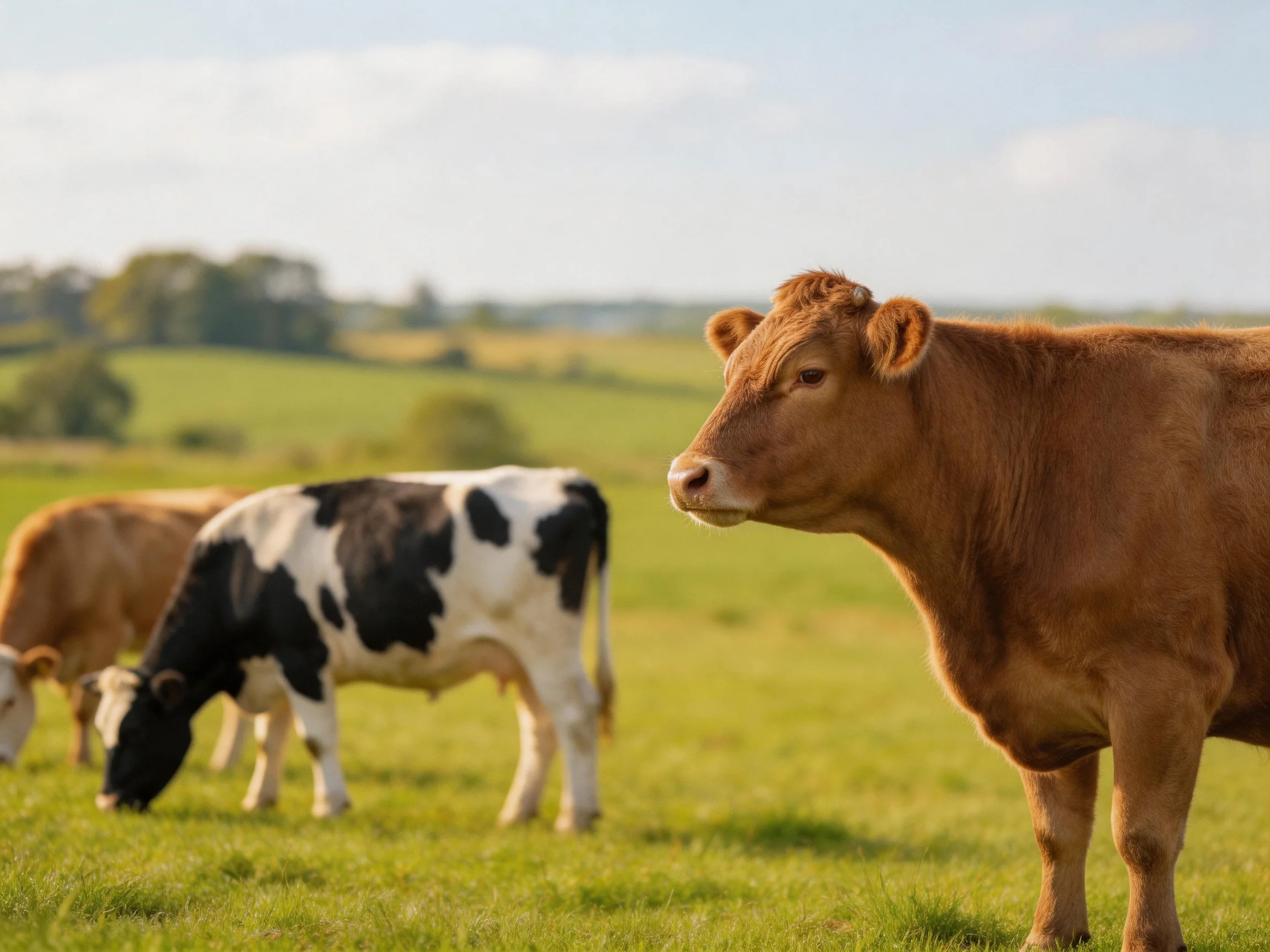 Three cows graze in a lush green pasture under bright daylight
