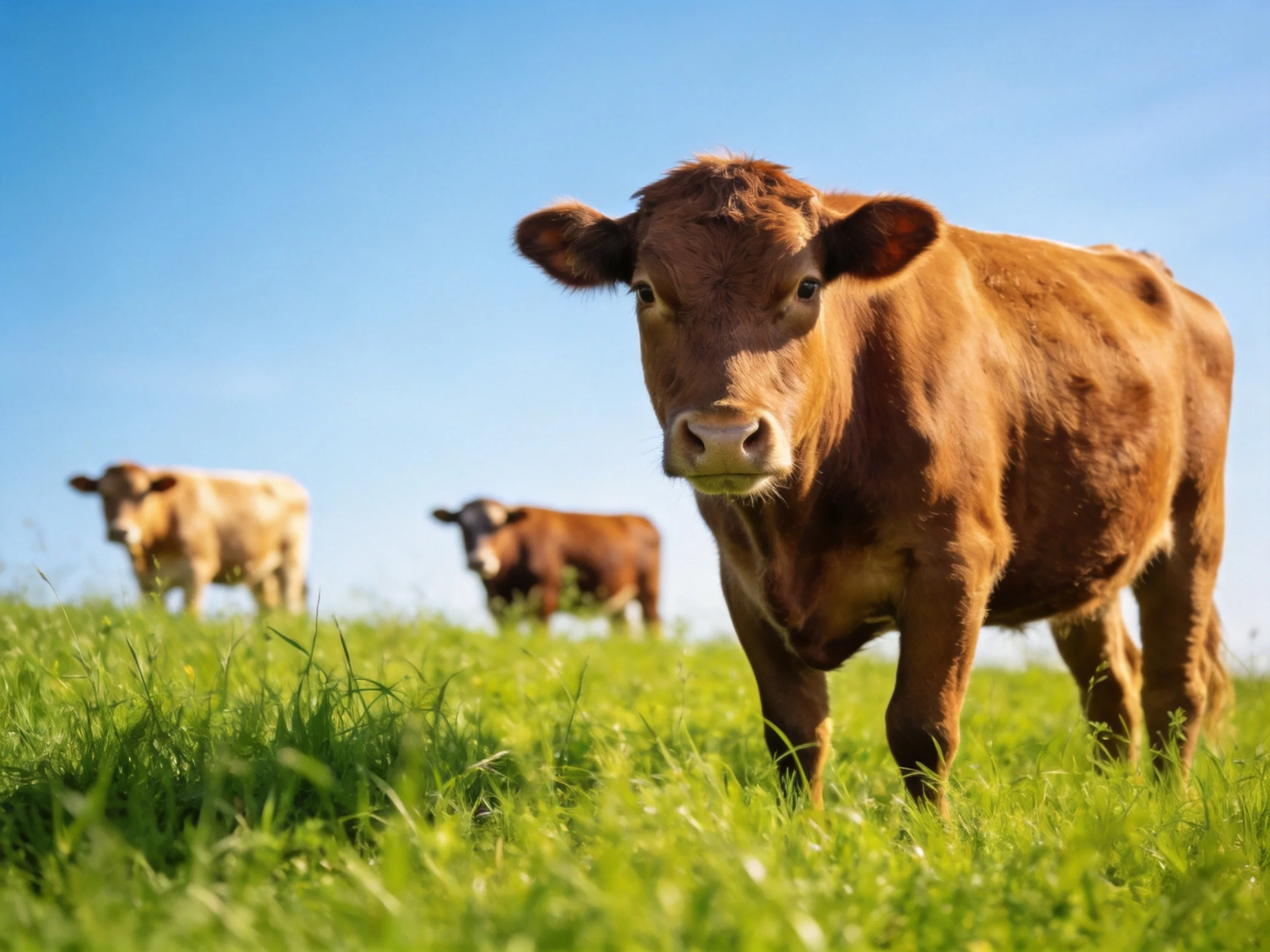Three cows stand in a sunlit green pasture with a bright blue sky.