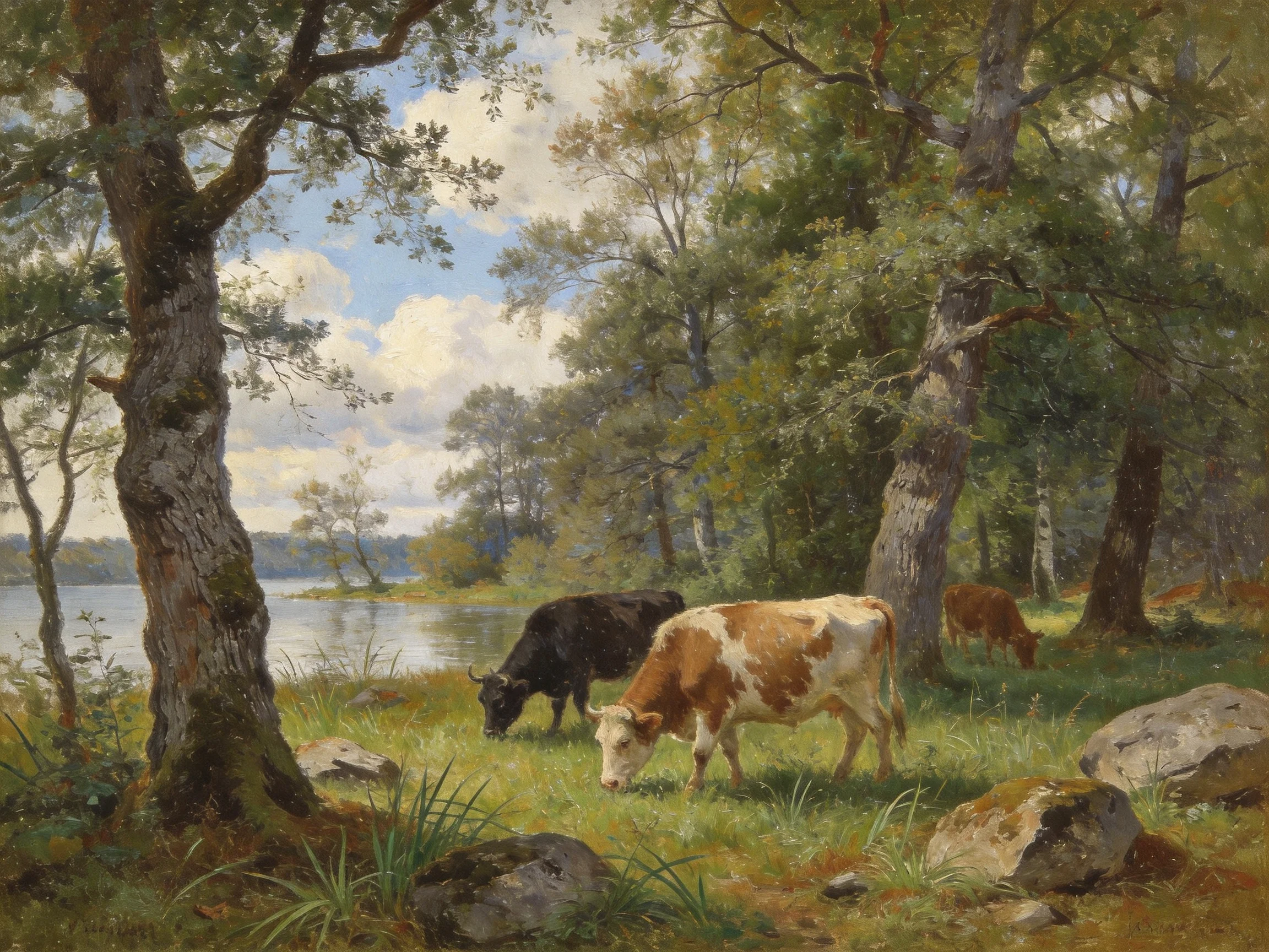 Three cows graze in a lush, wooded lakeside setting