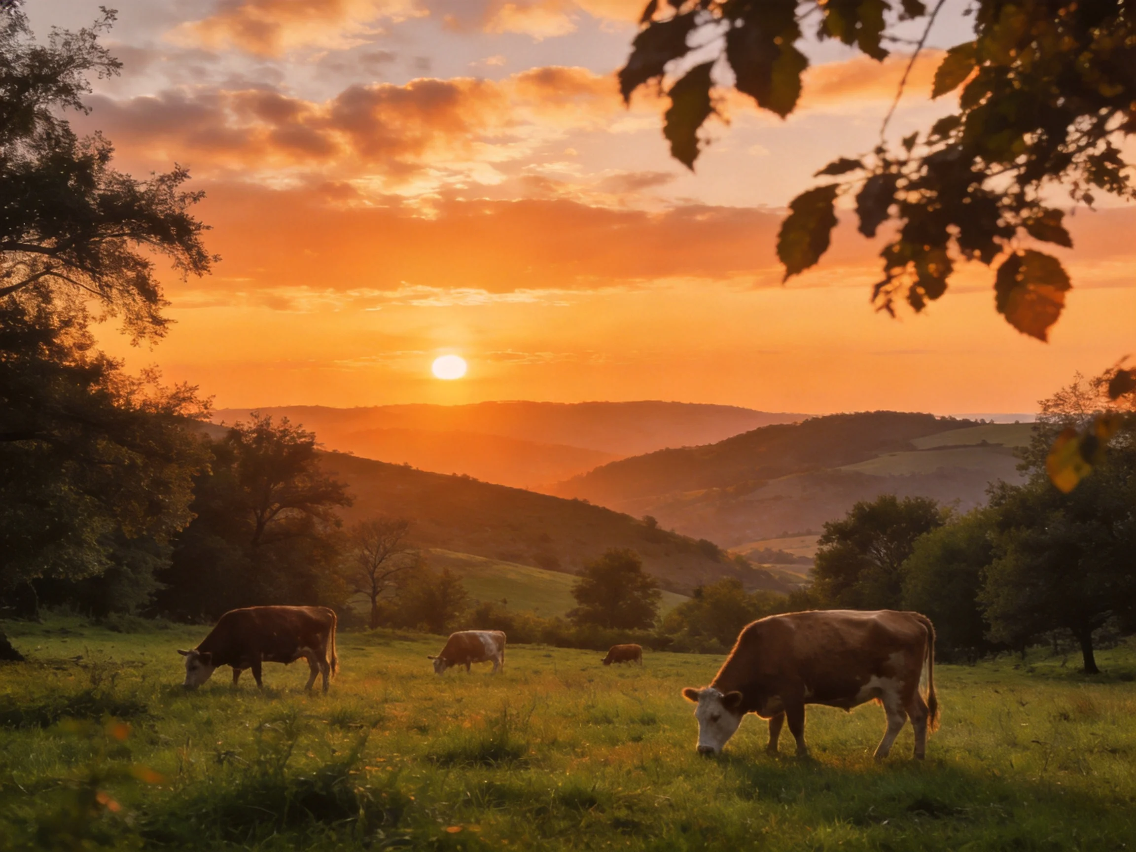 Three cows graze in a meadow under a colorful sunset sky