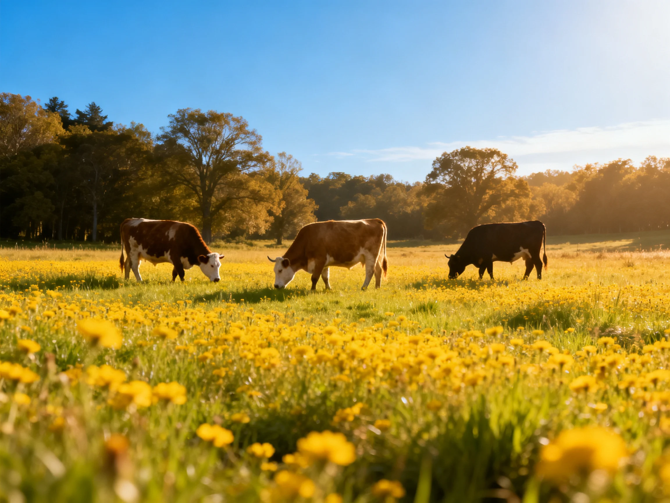Three cows graze in a sun-drenched meadow of yellow flowers