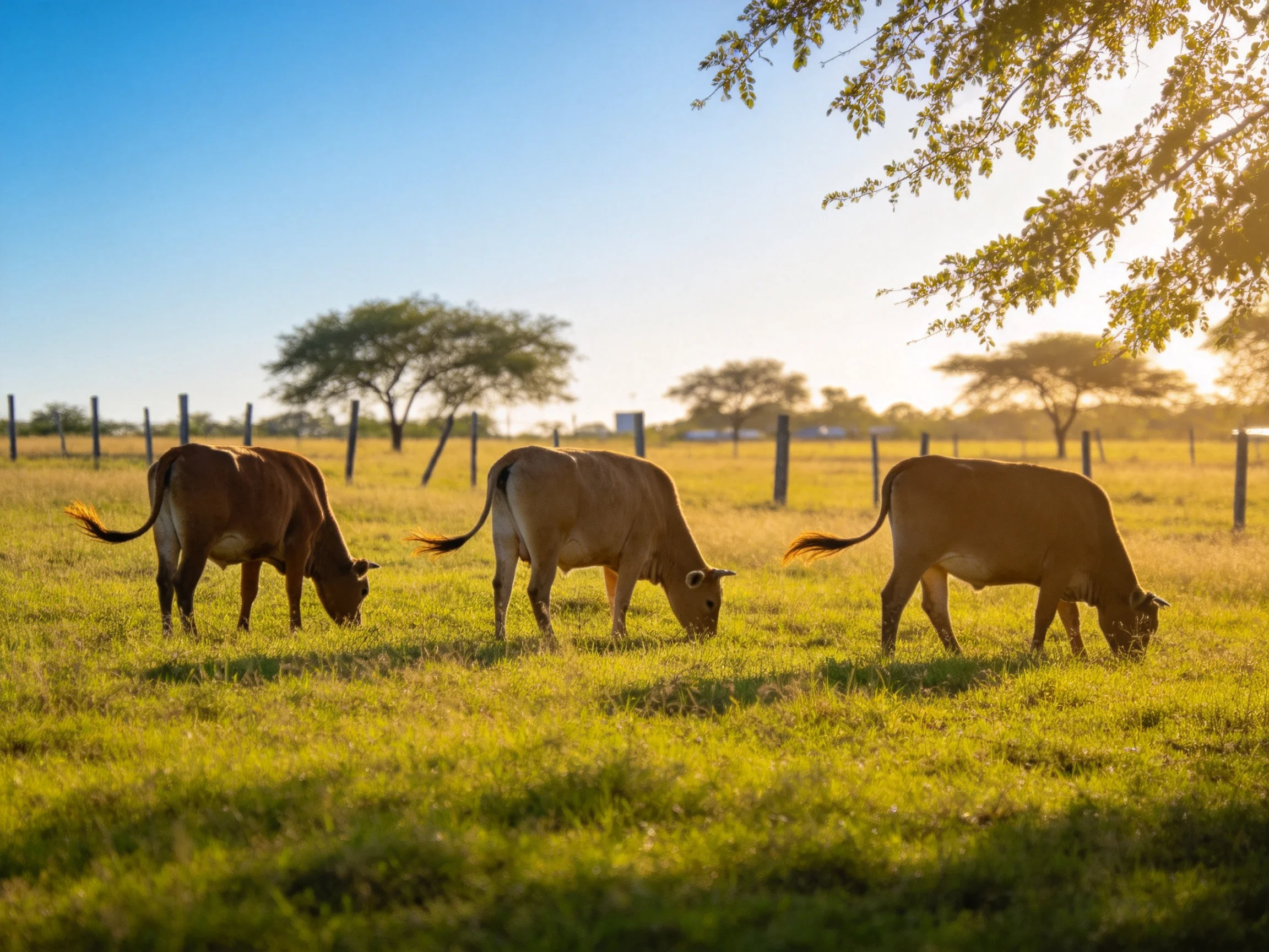 Three cows graze in a sunlit pasture