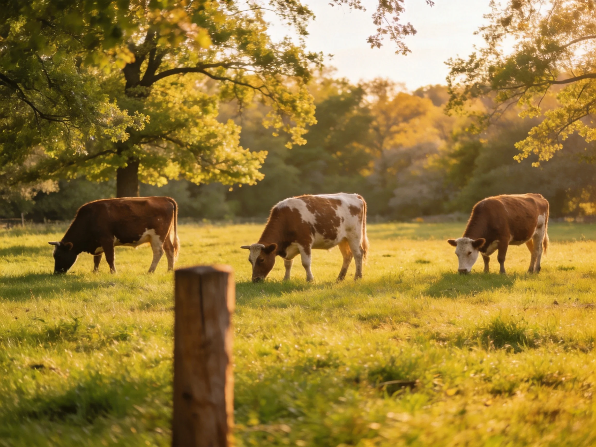 Three cows graze in a sunlit meadow with golden foliage