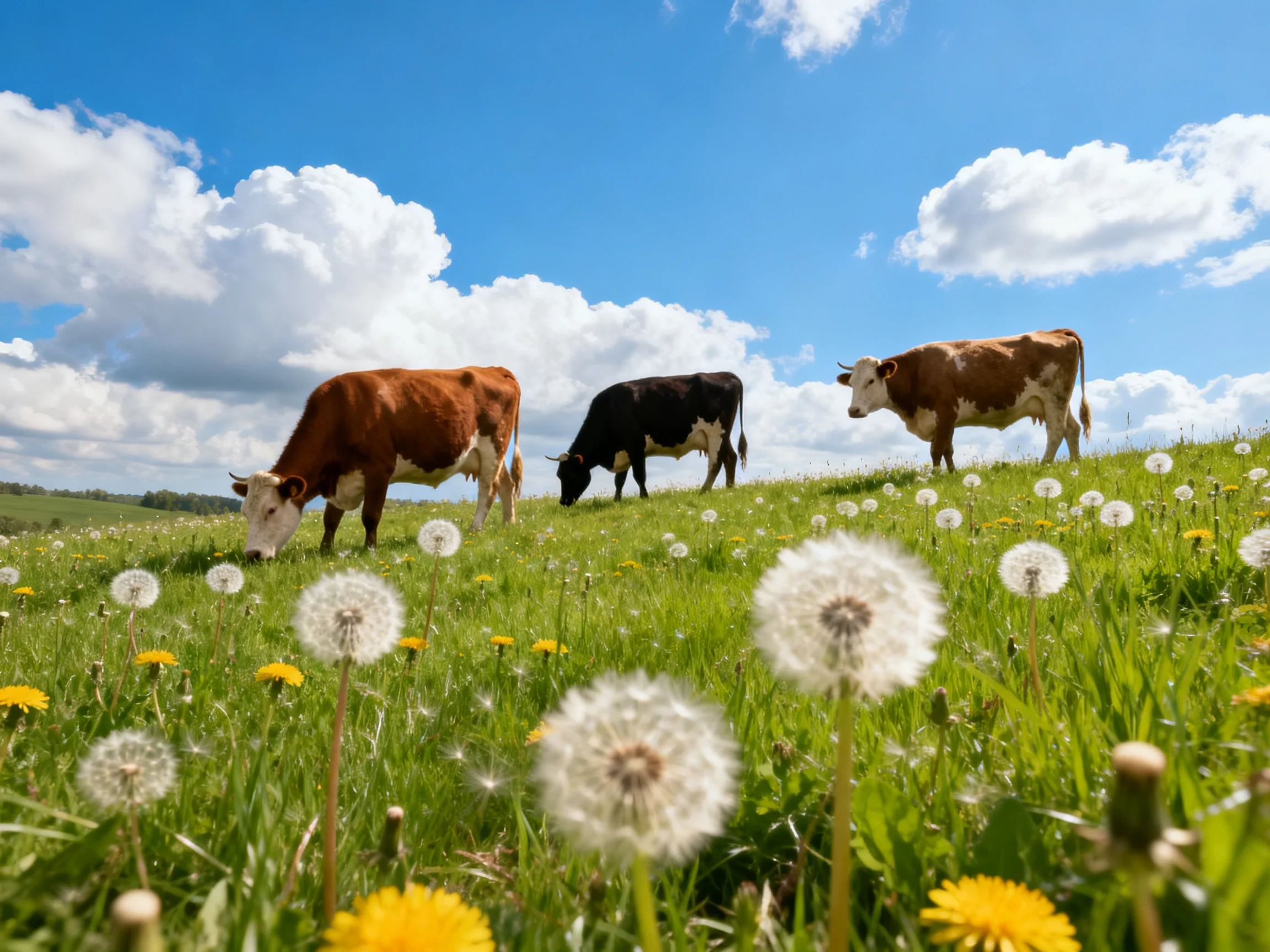 Three cows graze in a sunny meadow with dandelions and blue skies
