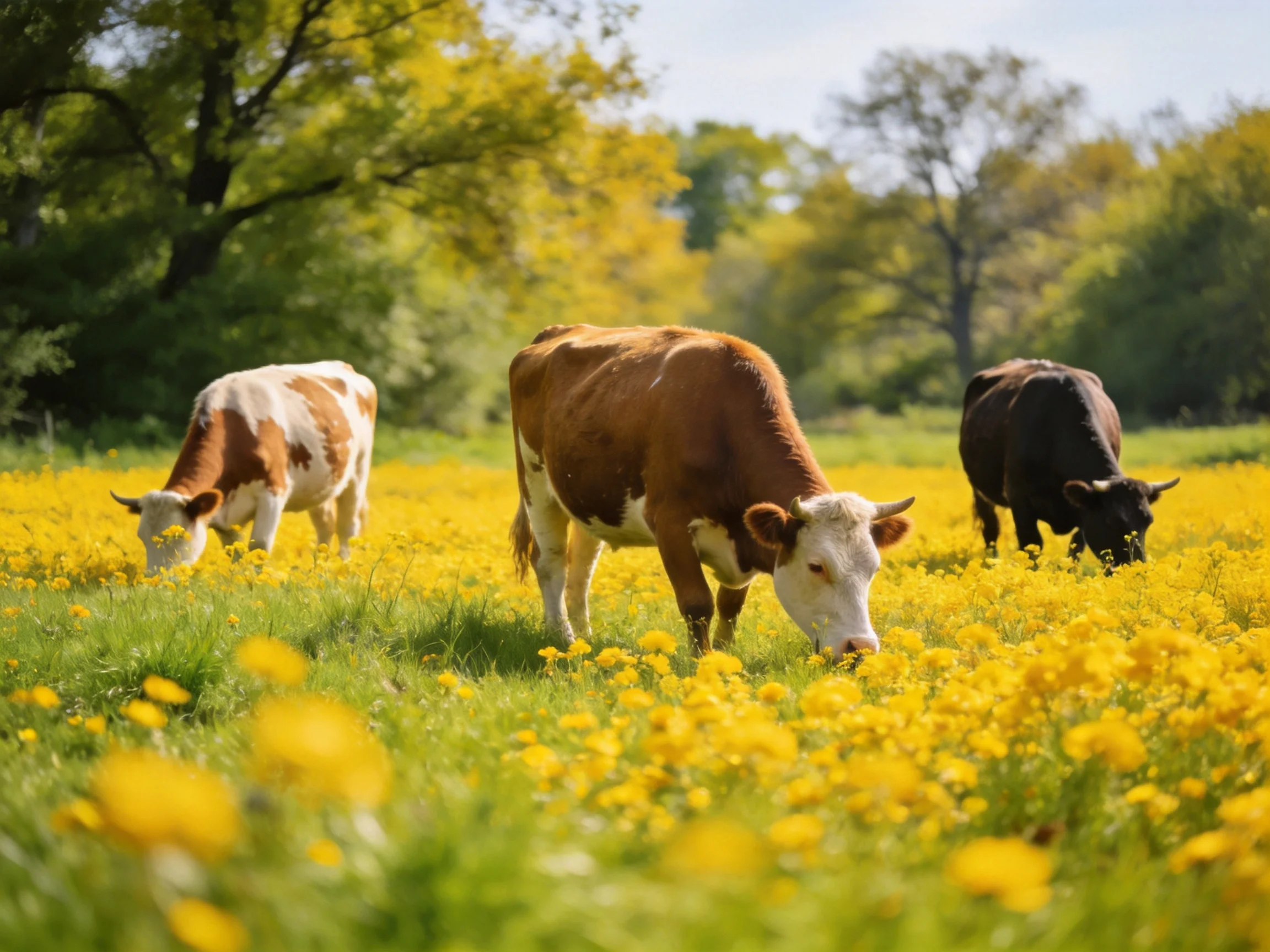 Three cows graze in a vibrant yellow-flowered meadow with lush greenery