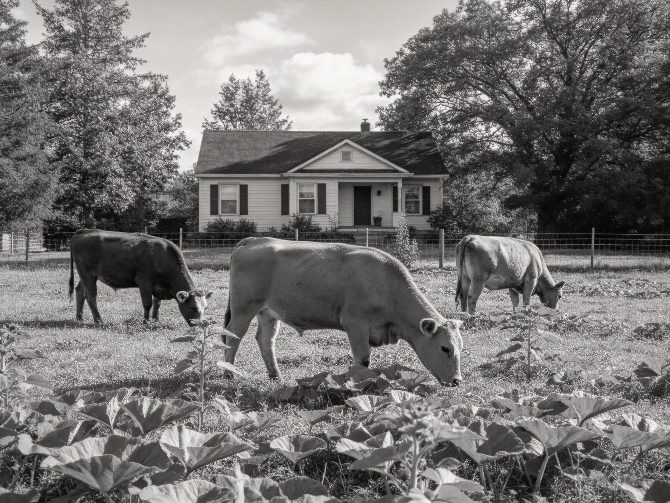Three cows graze in a field near a country home.