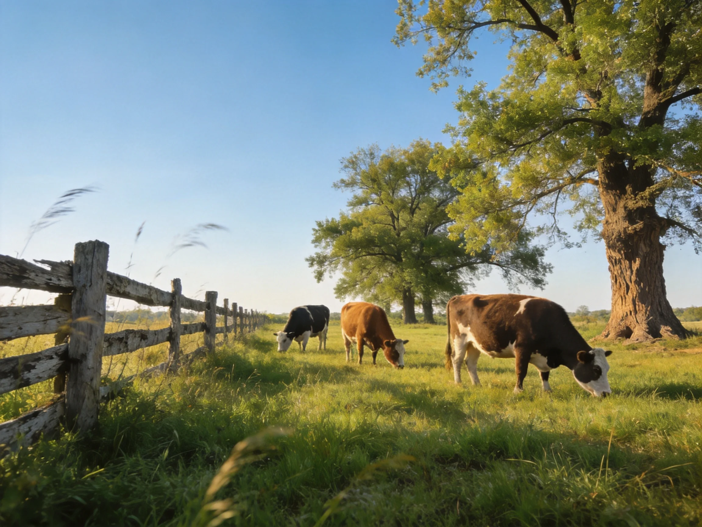 Three cows graze near a weathered wooden fence under tall green trees