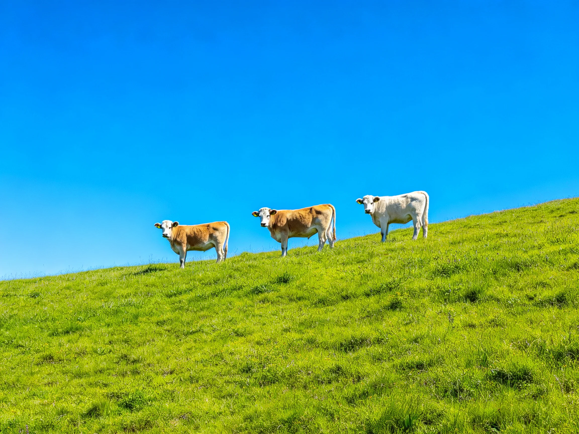 Three cows stand on a vibrant green hillside under a bright blue sky.