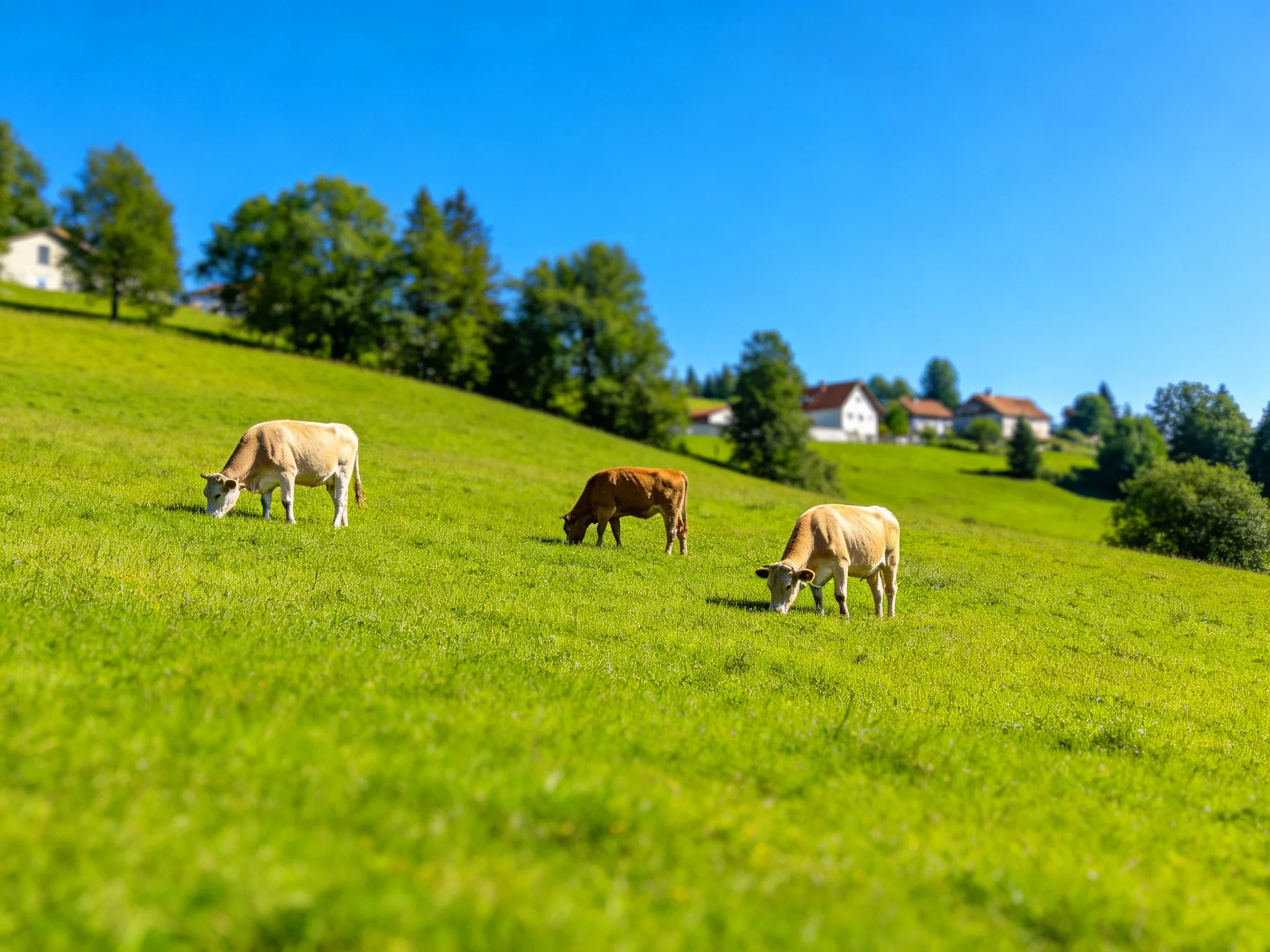 Three cows graze on a lush green pasture with distant houses