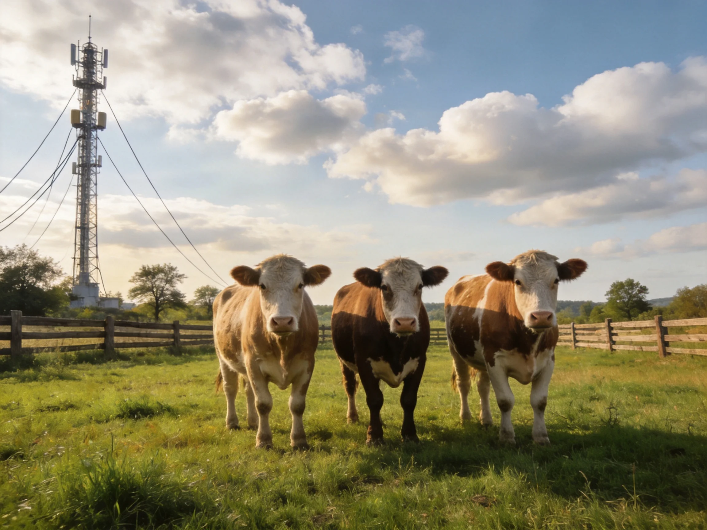 Three cows in a green pasture near wooden fences and a communication tower