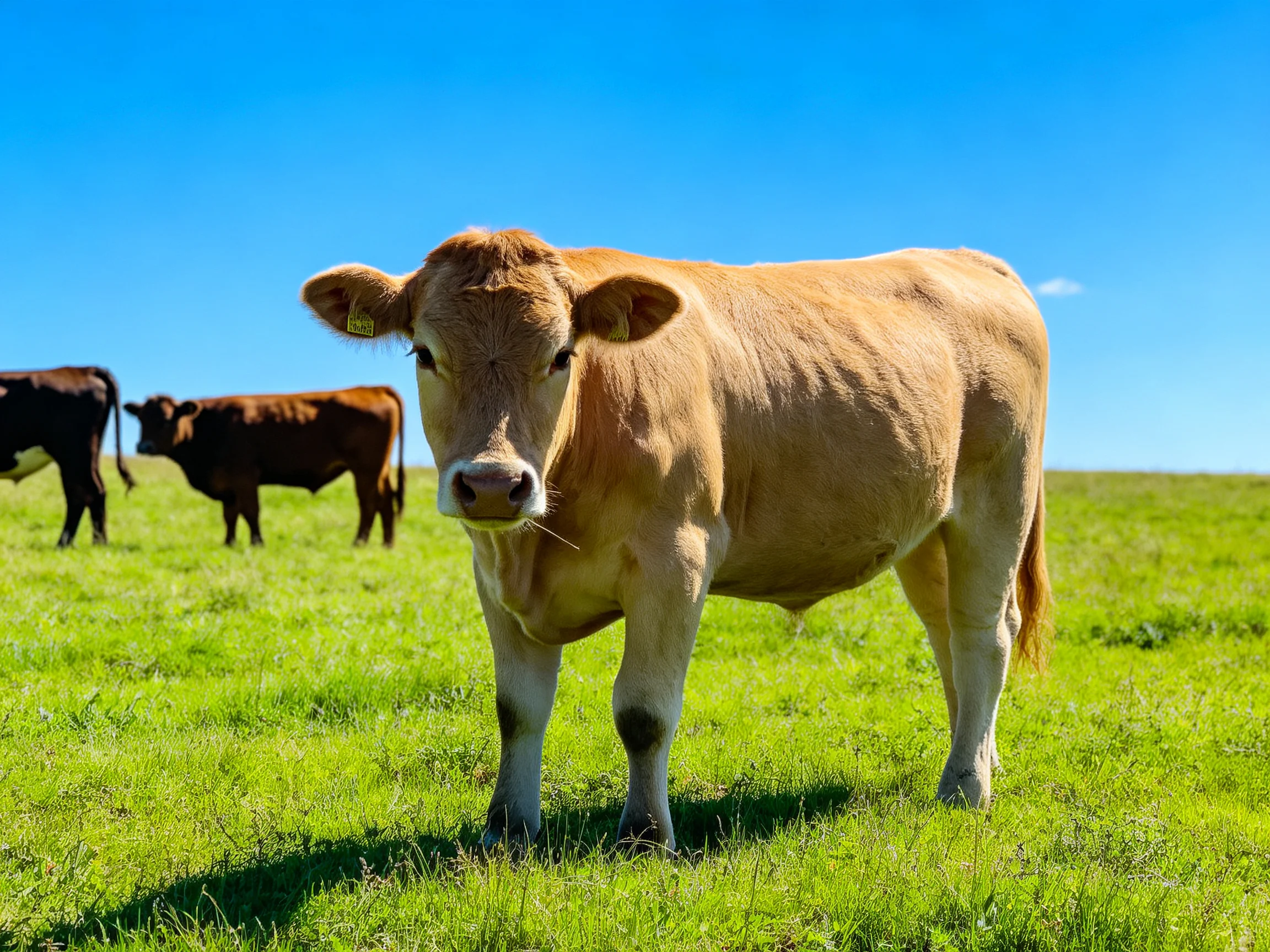 Three cows in a lush green pasture with a clear blue sky