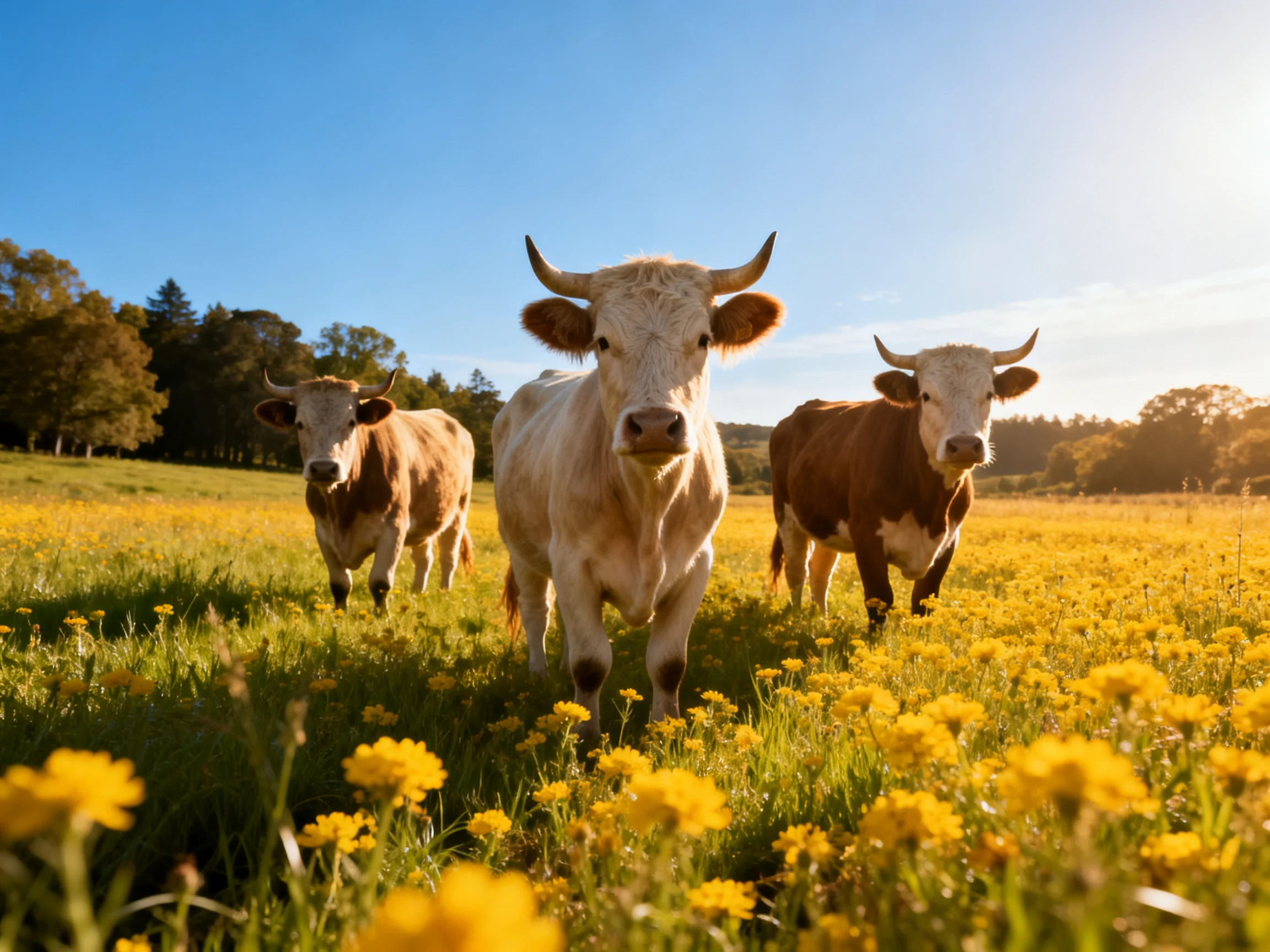 Three cows move through a sunlit meadow filled with yellow flowers.