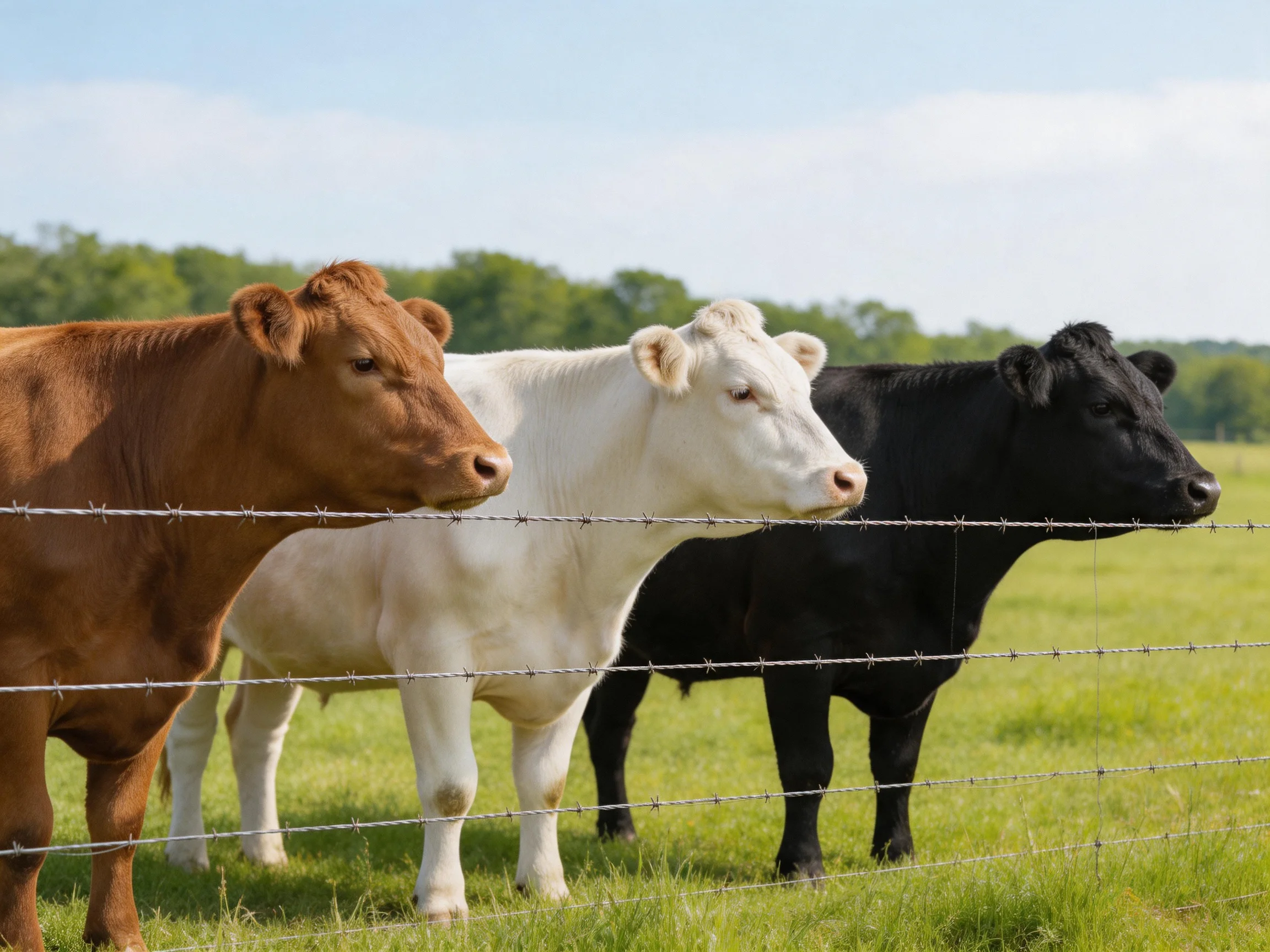 Three cows of different colors stand behind a barbed wire fence in a green pasture.